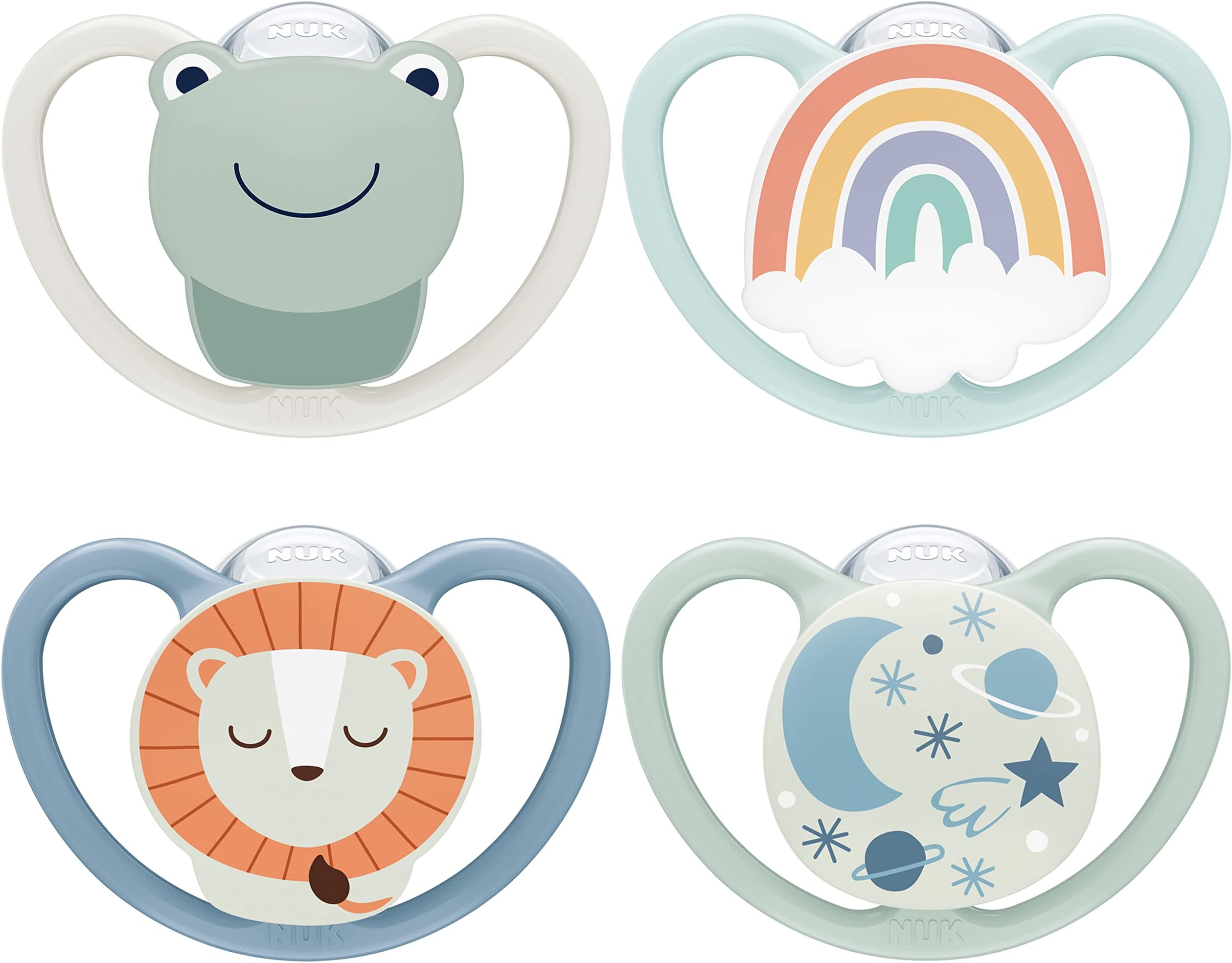 NUK Space Day & Night Baby Dummy | 0-6 Months | Glow-in-the-Dark Soothers with Extra Ventilation for Sensitive Skin | BPA-Free Silicone | Frog & Lion | 4 Count