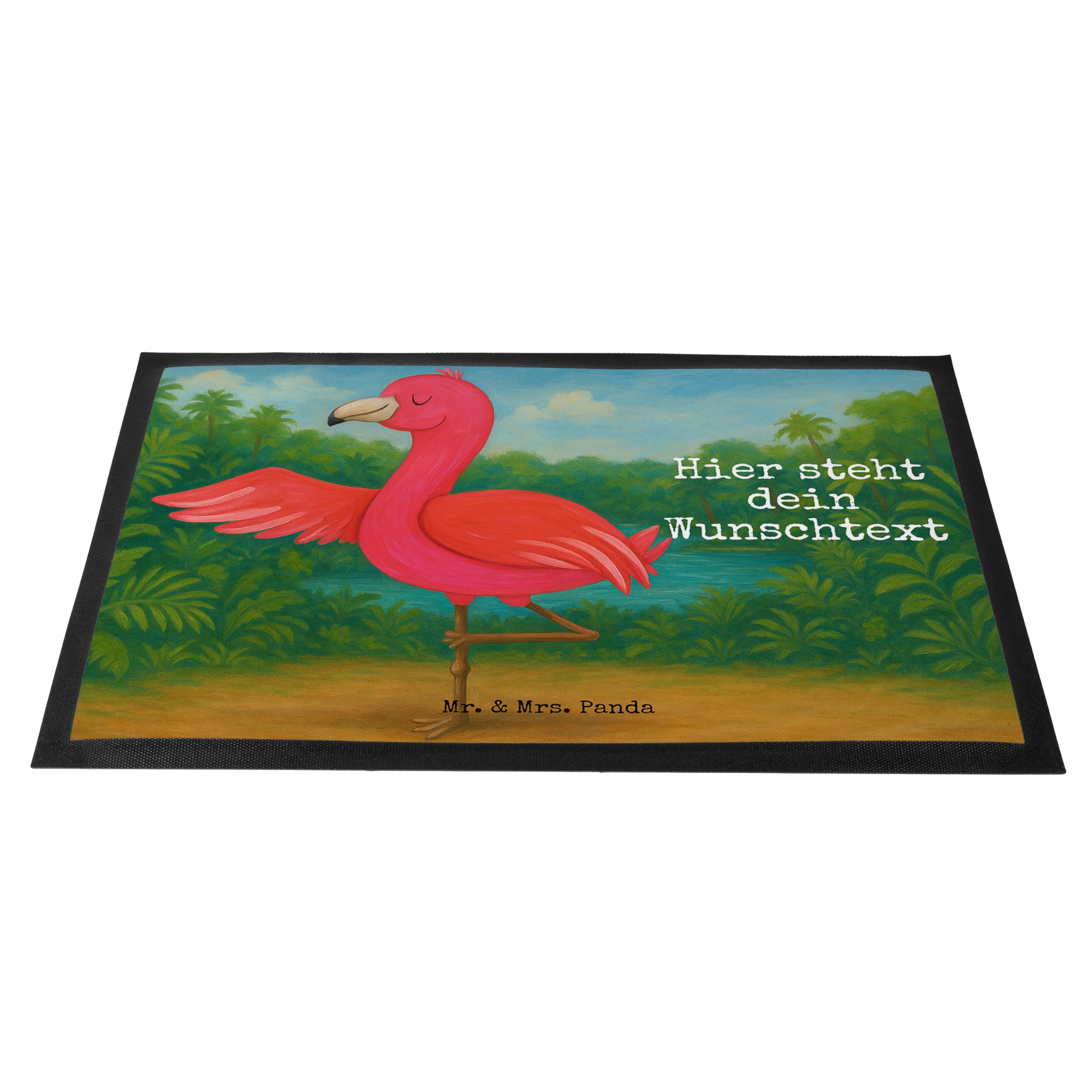 Mr. & Mrs. Panda Fussmatte personalisiert Flamingo Yoga Design 50 x 75 cm - Geschenk, Rosa, Achtsamkeit, Fußmatte personalisierbar, Yogi, mit Namen, Personalisierte, Personalisierter Fußabtreter