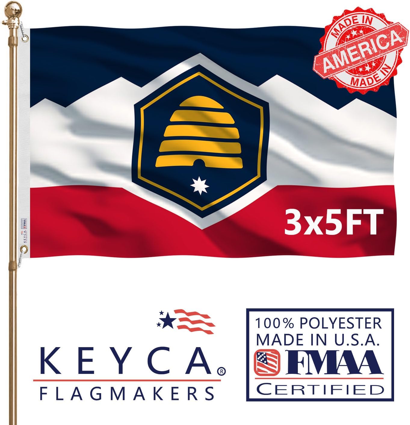 New Utah Flag 3x5 FT 100% Made in The USA-Heavy Duty Vibrant colors Double Sided New Utah UT Flag with 2 Brass Grommets for Home/Company/Indoor Outdoor Decoration