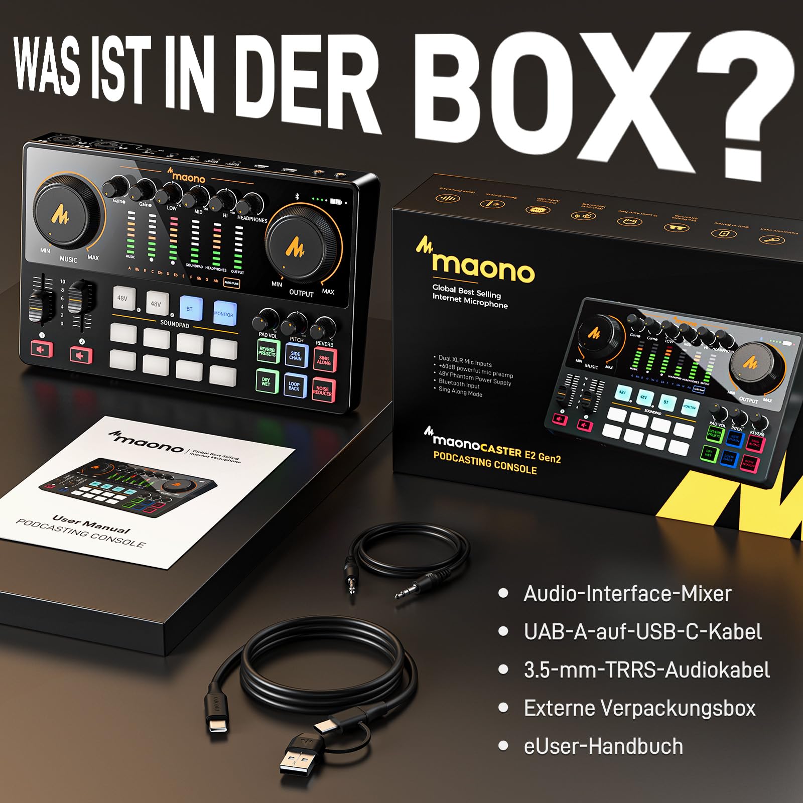 MAONO Pacchetto di apparecchiature podcast: mixer di interfaccia audio con due ingressi XLR per lo streaming di podcast MaonoCaster E2 Gen2
