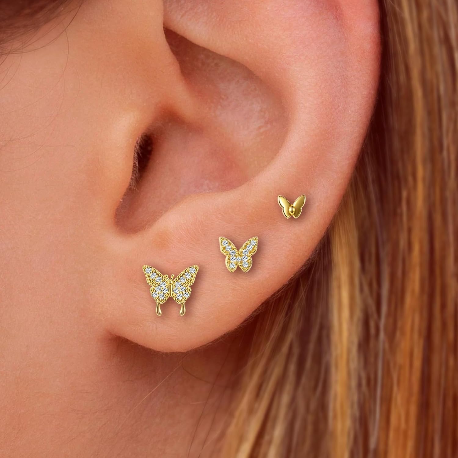 3 Pairs 14K Gold Plated Butterfly Stud Earrings for Women - Cubic Zirconia Bow Design, Hypoallergenic Fashion Jewelry Gift - Image 2