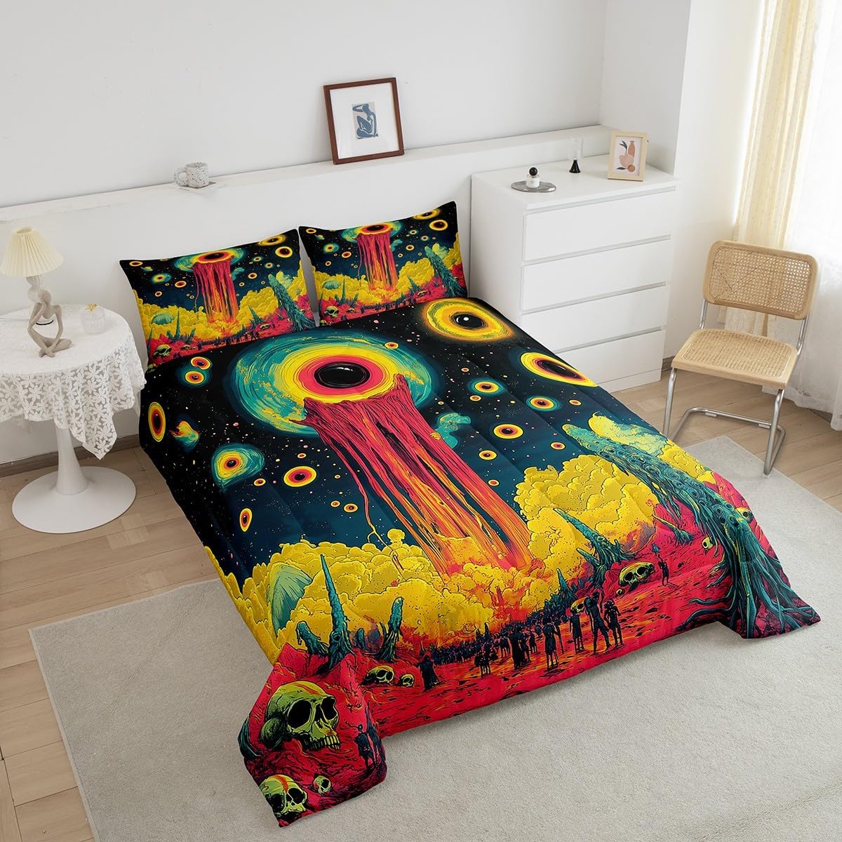 Manfei Alien Universe Teens Comforter Set,Mysterious Outer Space Skeleton Gothic Hippie Bedding Set All Season,Boho Eye Psychedelic Trippy Graffiti Comforter 3 Pcs with 2 Pillowcases,Queen Size