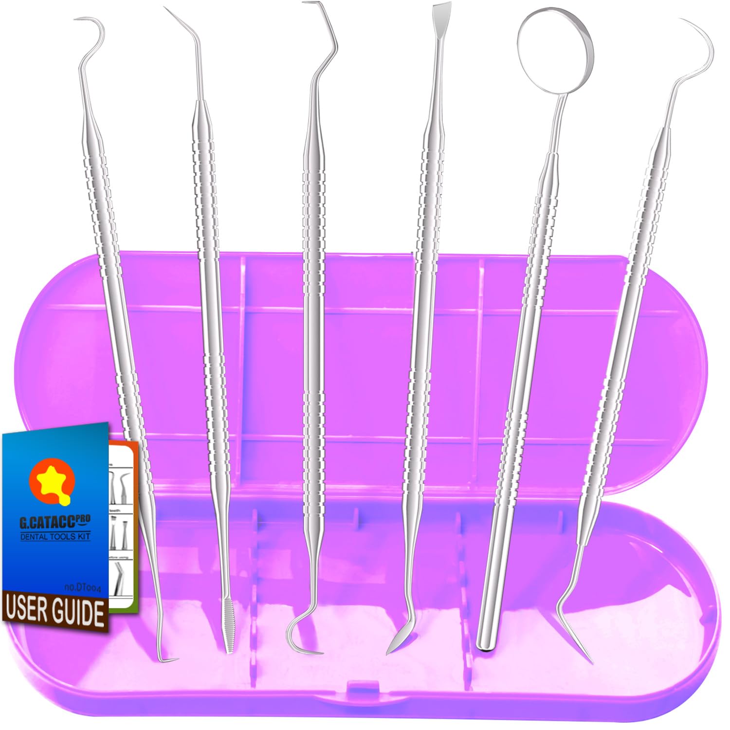 G.CATACC Dental Tools, Metal Dental Pick Teeth Cleaning Tools for Home Use, Stainless Steel Oral Care Hygiene Kit with Tooth Scraper Plaque Tartar Remover - with Case