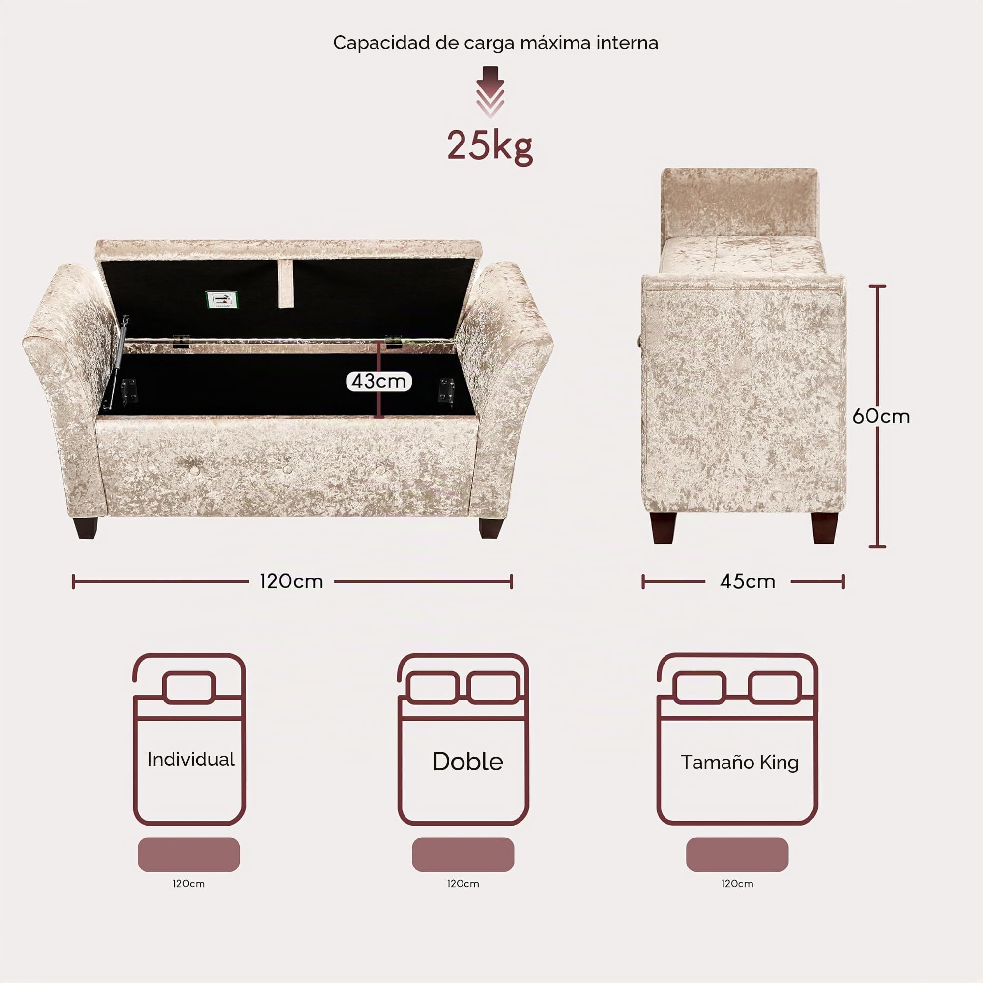 Vida Designs Seville - Otomana de Almacenamiento, baúl de Tela con Tapa, Asiento, Taburete, Banco de Ventana, baúl, Caja de Almacenamiento de Juguetes, Puff, reposapiés, Terciopelo champán
