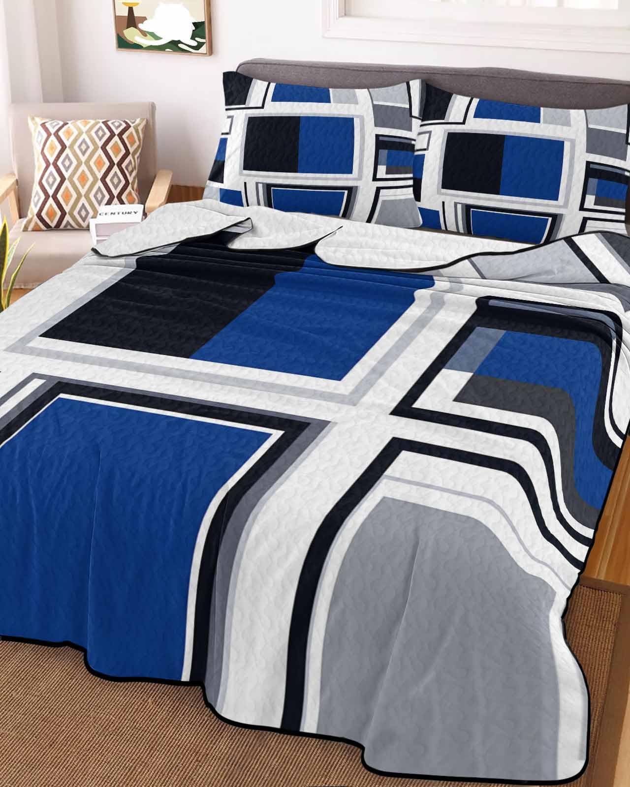 3-Piece Summer Quilt Full Size, Blue Grey Geometric Lightweight Cooling Bedding Comforter Blanket with 2 Pillow Shams, Abstract Art Irregular Contemporary Bedspreads Quilted Coverlet Sets 78