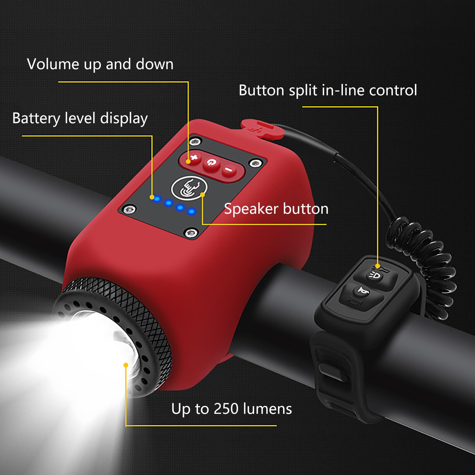 Klaxon de Vélo Électronique avec Lumière, Mini Sonnette 6 Sons, Phare Rechargeable USB-C, Volume Réglable, 4 Modes d'Éclairage, Résistant à l'Eau