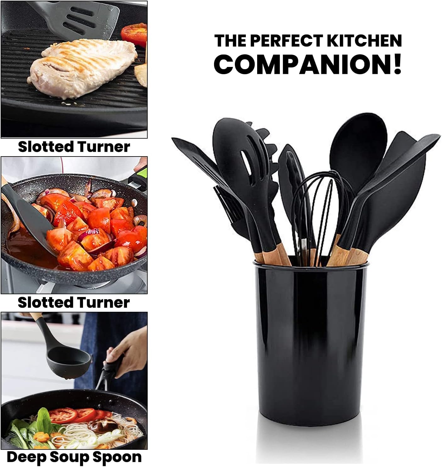 Silicone Cooking Utensils Set kitchen Utensils Set Wooden Handle Spoons Turner Brush Tong Soup Ladle Pasta Heat Resistant Non Stick Kitchen Utensils Heat Resistant Gadget Set With Holder BPA Free