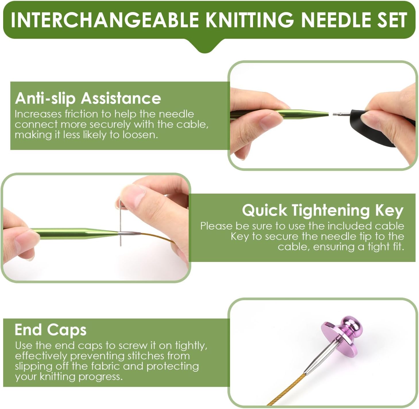 Interchangeable Circular Knitting Needles Set Premium Aluminum Knitting Kit 13 Pairs of 4 Inch with 4 Cables, Accessories and Storage Bag Green - Image 3