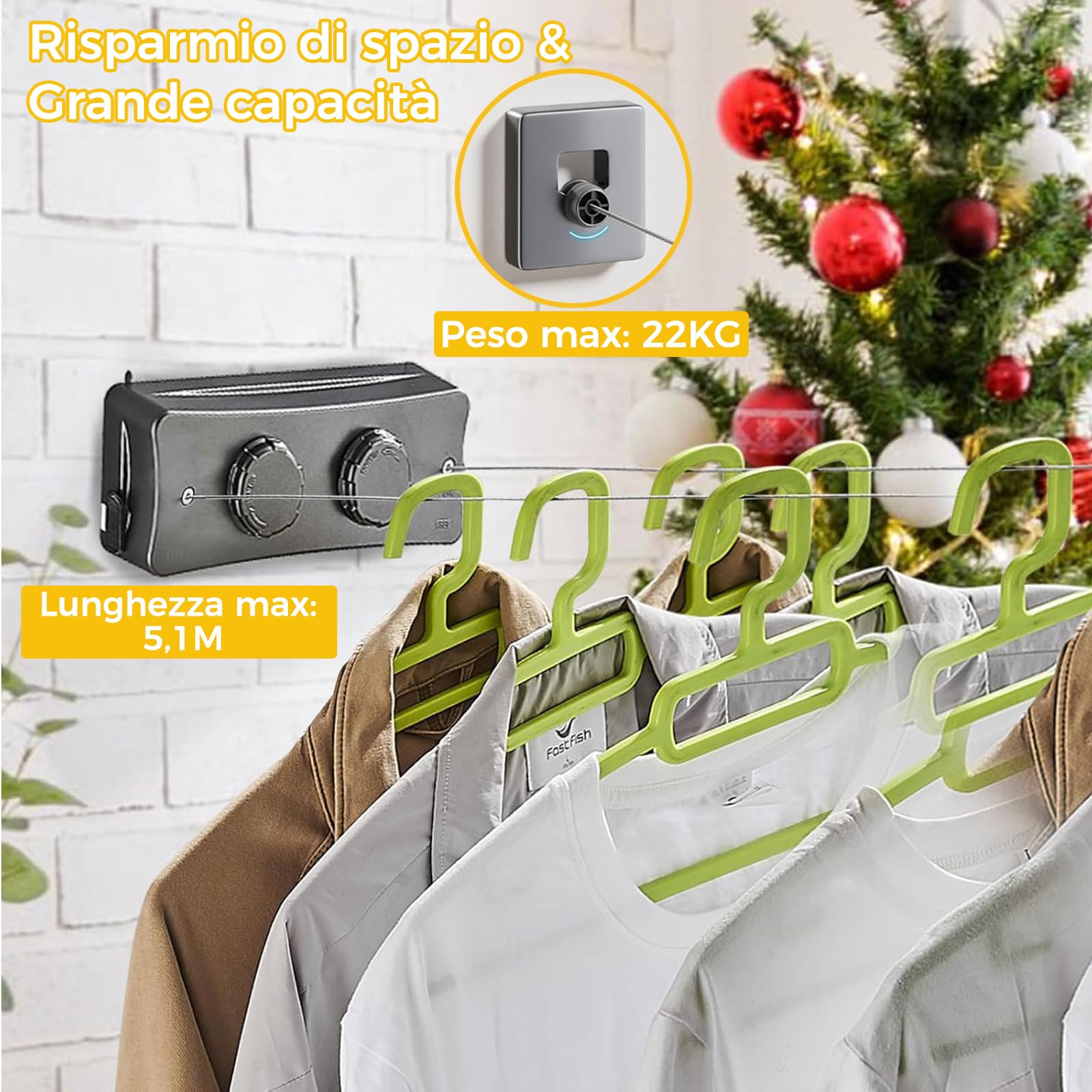 Domigard Corda per biancheria retrattile,stendibiancheria interna a parete doppia linea invisibile filo di lino estensibile in acciaio inossidabile,corda da biancheria regolabile2*5,1m (Grigiastro)