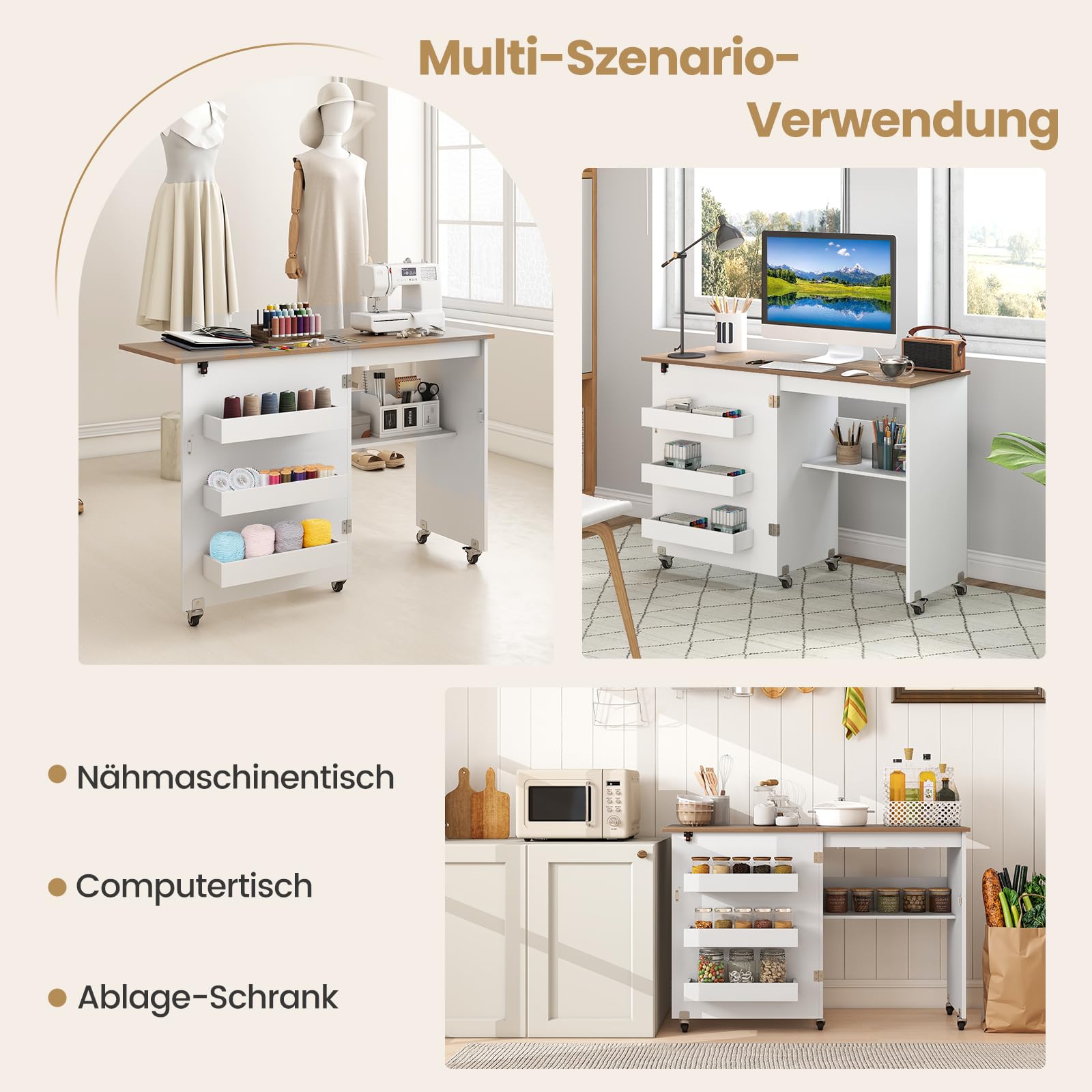 COSTWAY 2 in 1 Nähtisch klappbar, Nähmaschinenschrank aus Holz mit Regalen & Ablagefach, Nähschrank mit abschließbaren Rädern, Nähmaschinentisch Basteltisch für Wohnzimmer, Schlafzimmer (Weiß+Natur)