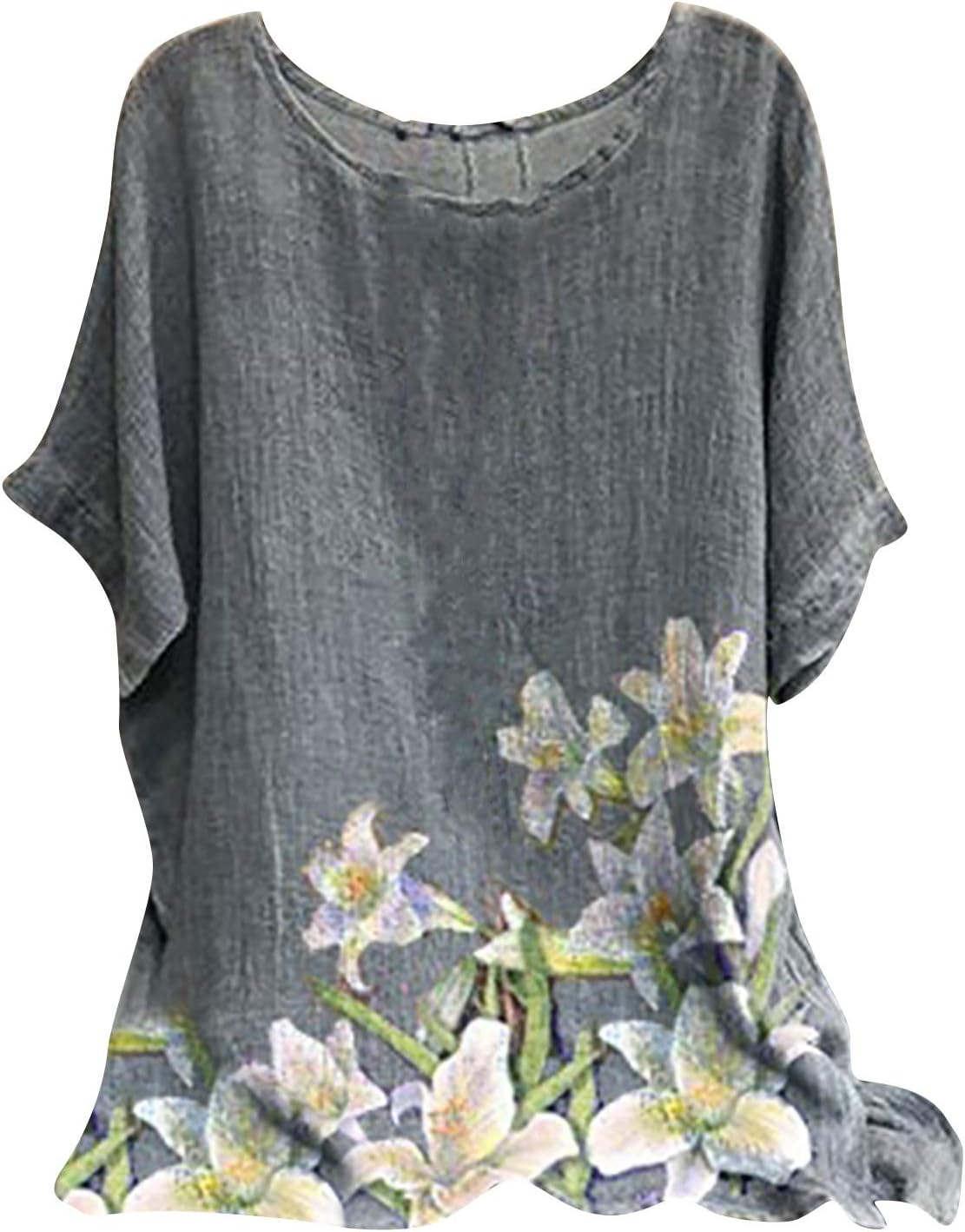 レディースリネンコットンTシャツトップス半袖カジュアルヴィンテージフラワーチュニックTシャツ快適なソフトクルーネックフローリーブラウ