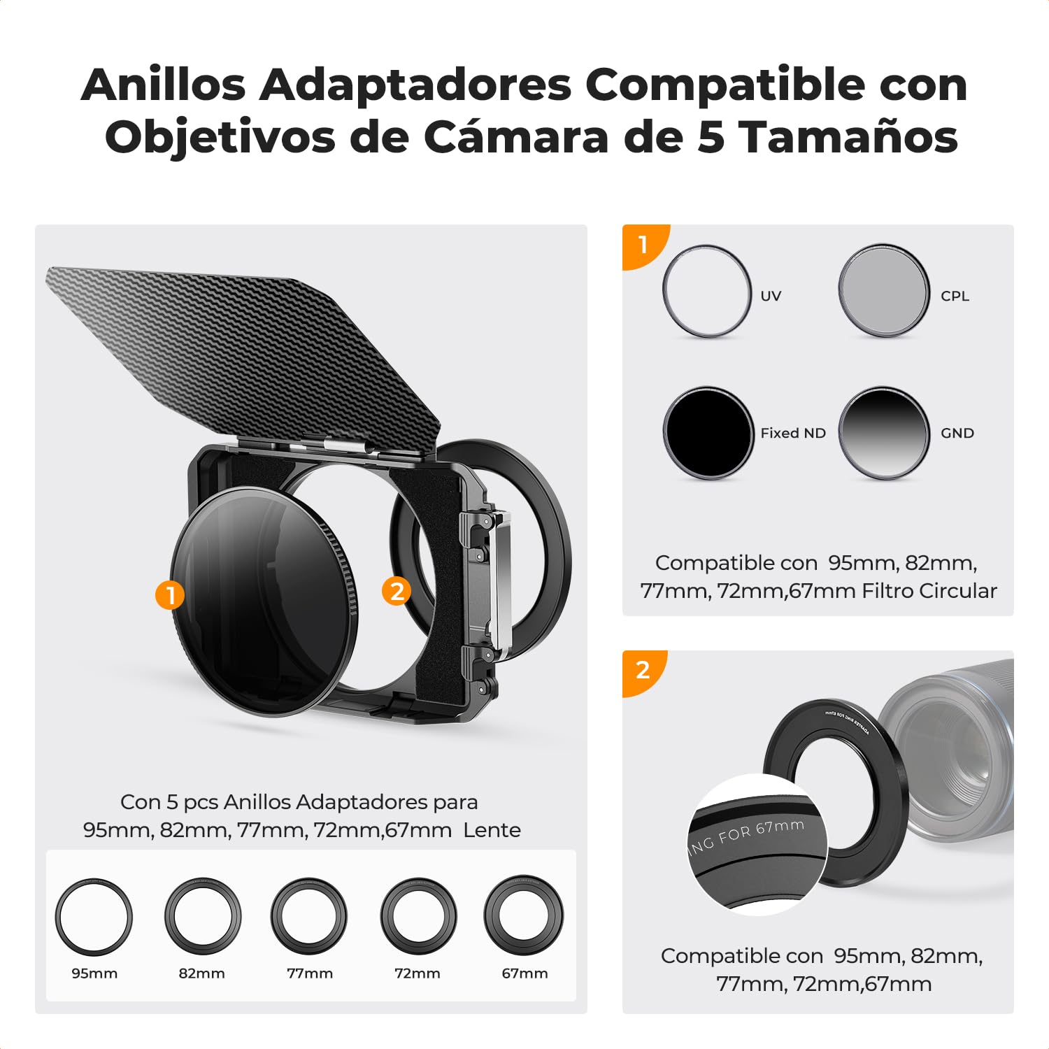K&F CONCEPT Mini Matte Box,Bandera Superior Fibra de Carbono con 1 Bandeja de Filtro de 4" x 5,65" con 5 Adaptadores de Anillo Circular (67/72/77/82/95mm)