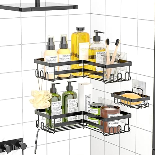Miniatura 6 de StorageRight Organizador de ducha esquinero, paquete de 3 accesorios de baño adhesivos con soporte para jabón, estante organizador de ducha de acero