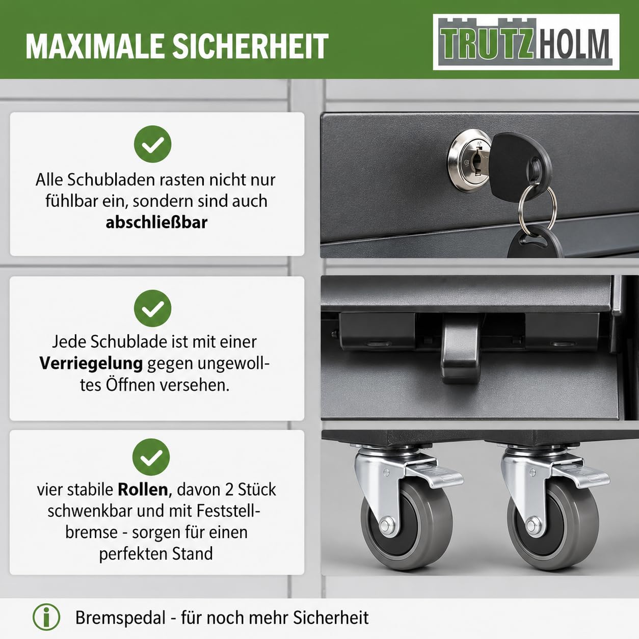 TRUTZHOLM Werkstattwagen DELUXE 12 Schubladen leer, Werkzeugwagen abschließbar mit 40 mm Hartholz-Arbeitsplatte, kugelgelagerte Schwerlastauszüge, Rollen mit Feststellbremse, Anthrazit/Grau