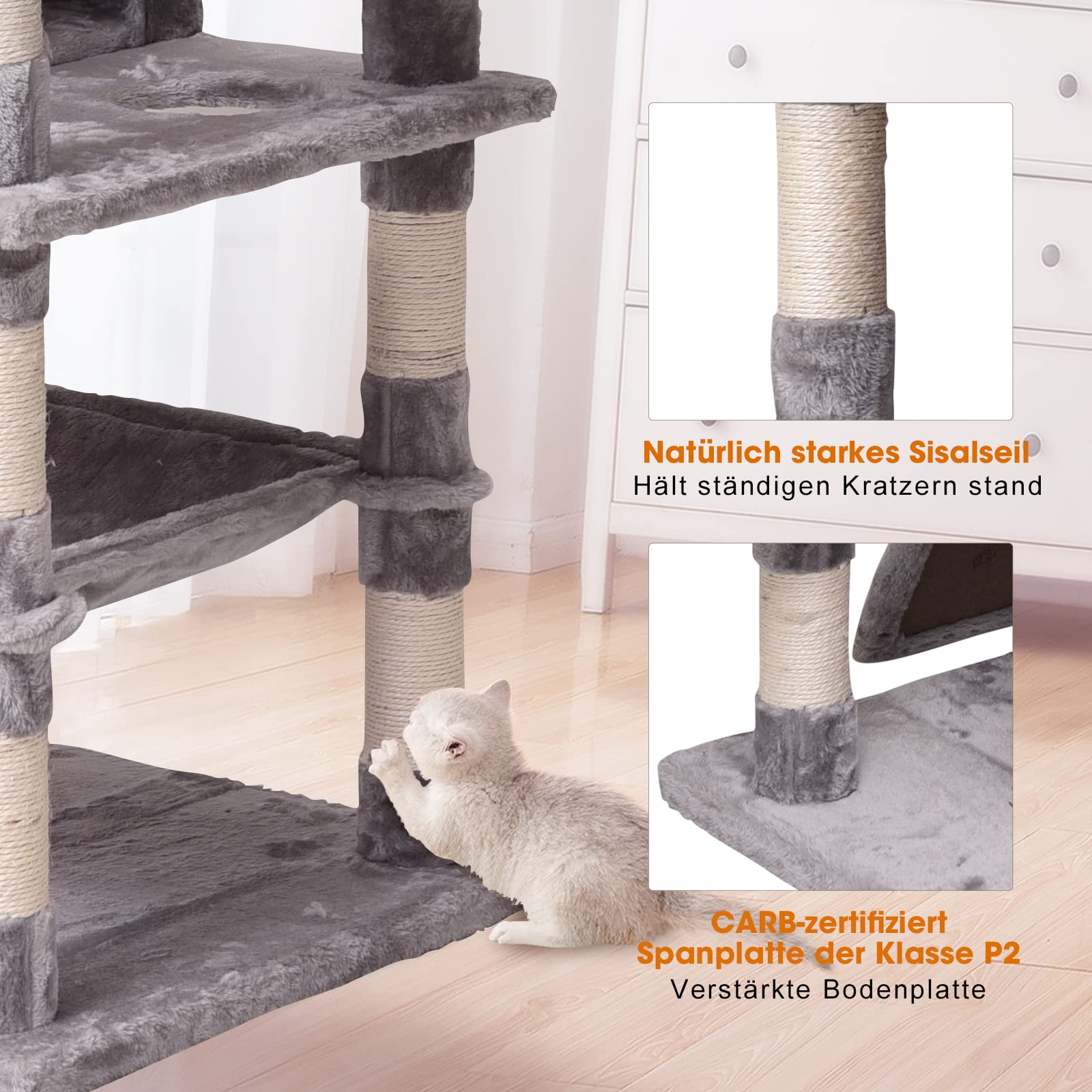 Poste rascador para Gatos Grandes de 180 cm de Alto, árbol para Gatos con casa, Muchas Plataformas de visualización, Hamaca para Gatos, Escalera de Escalada de Cuerda de sisal, Alfombra de Felpa