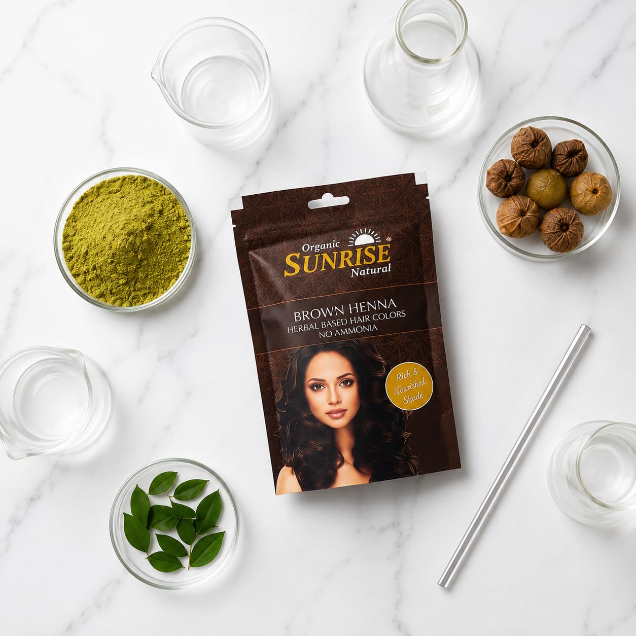 Natural Brown Henna Hair Colour, Ammonia-Free, with Amla, Bhringraj, Indigo and Shikakai, Herbal Dye, 100g-image-48