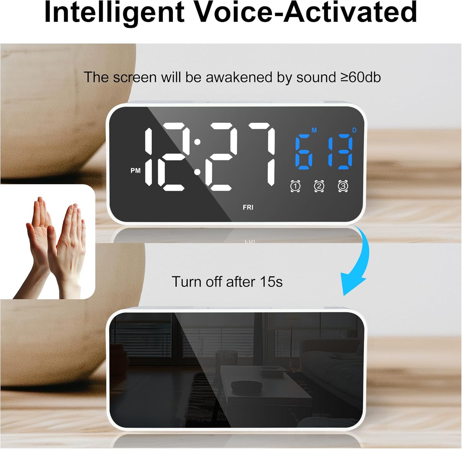 Illustration showing hands clapping to activate the Lafocuse Digital Alarm Clock display, which then turns off after 15 seconds to save power. Text indicates 'Intelligent Voice-Activated' and 'The screen will be awakened by sound ≥60db'.