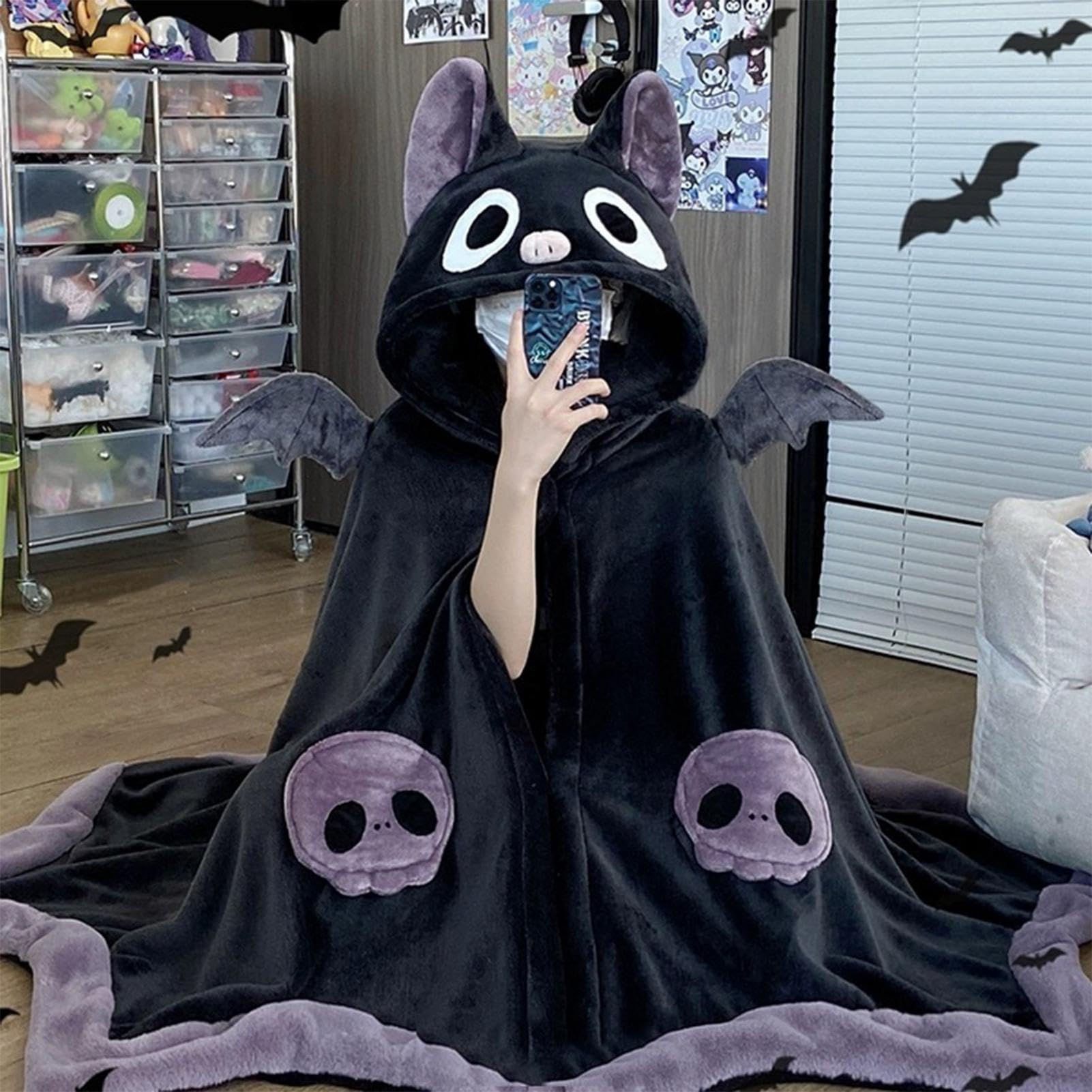 Wearable Bat Cloak - Soft Hooded Anime Nap Blanket With Bat Design, Demon Wings, Ideal Halloween Cosplay Theme
