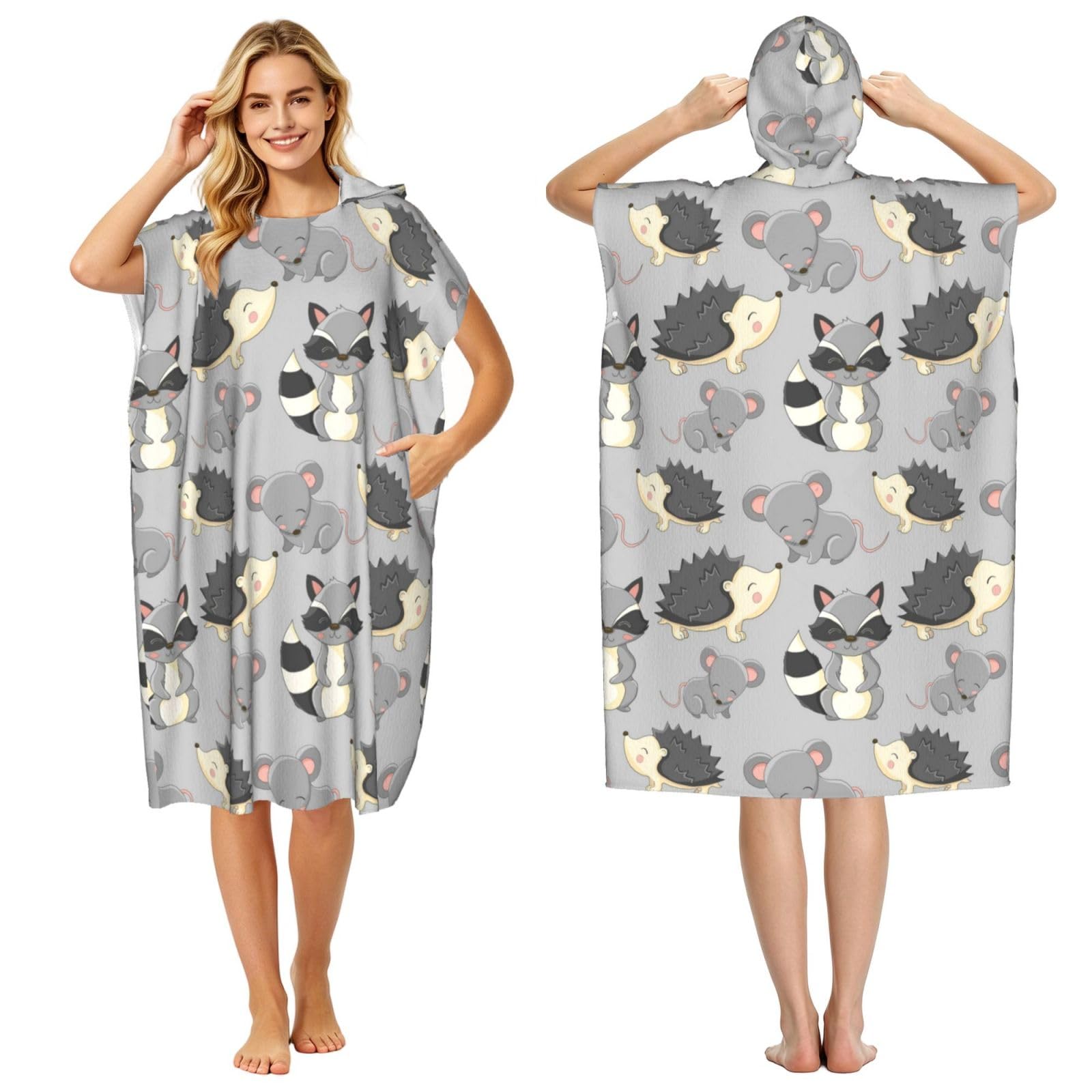 Poadnly Grey Background Hedgehogs Mice Raccoon, Adult Hooded Beach Towel 90 x 110 cm,Changing Bath Robe, Surf Poncho Towel For Women Men