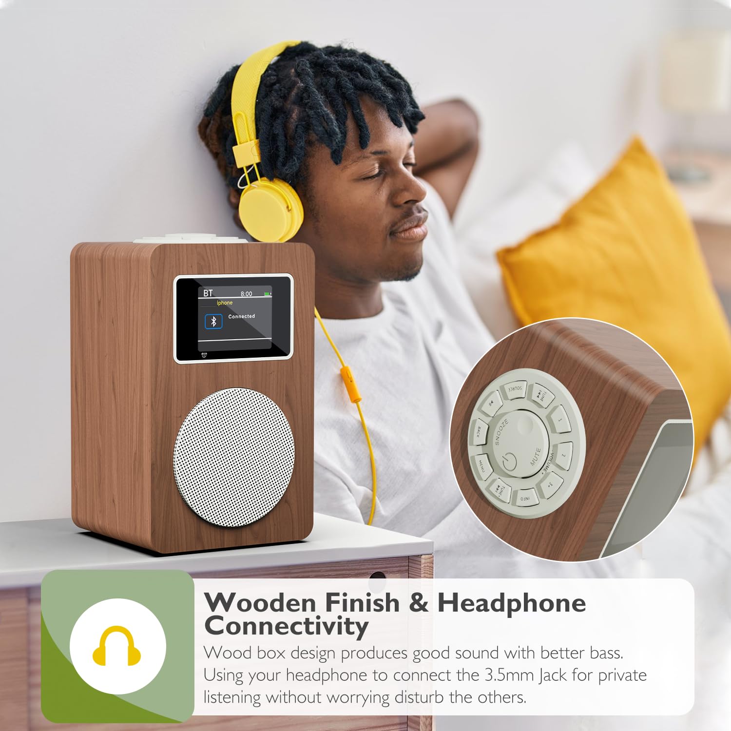 MD4 Radio Dab,Radio Digital Dab Plus,con Altavoz Bluetooth,Radios FM de Cocina de Red y Batería,Pantalla a Color,40 Presintonías,Alarma,Puerto para Auriculares,Caja de Madera-Acabado Nogal
