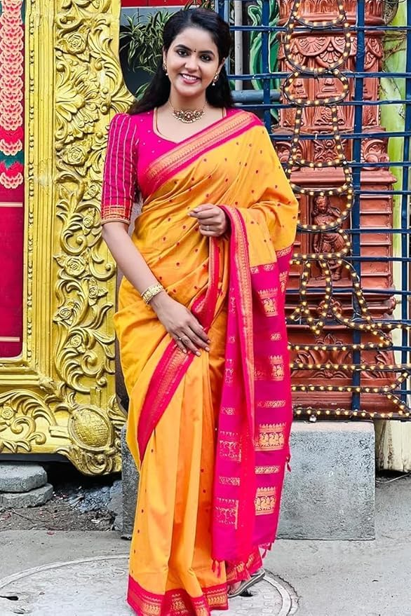 Image of Pure Kalyani Cotton Saree | Zari Border & Blouse Piece - Lata Gadwal Design | Traditional Saree