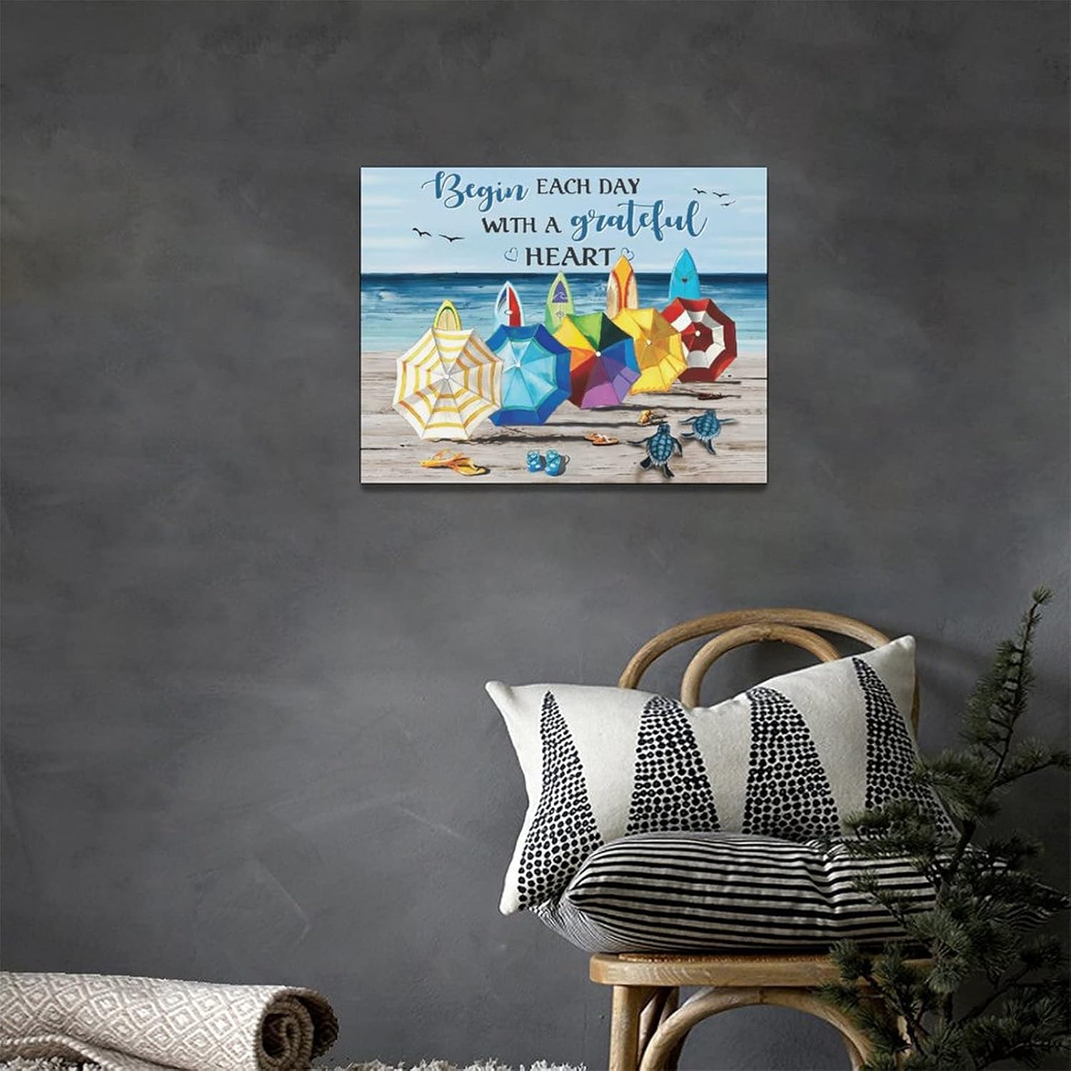 Beach Theme Canvas Wall Art Coastal Decor Begin Each Day Turtle Starfish Surfboard Umbrella for Wall Print Abstract Nautical Picture Gifts Ocean Artwork Framed for Bedroom Living Room Wall Decoration