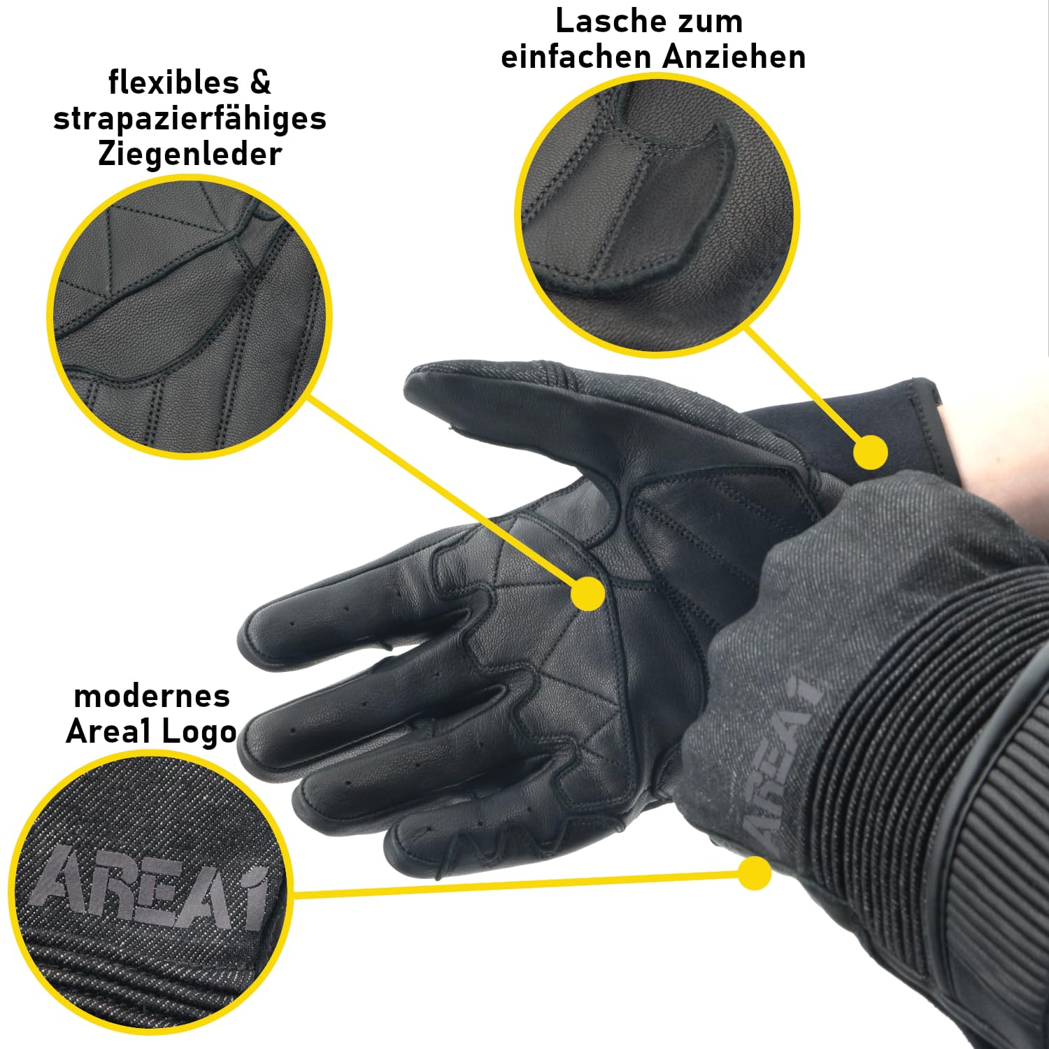 Area1 Motorrad Handschuhe Denim-Look & Lederinnenfläche, Atmungsaktive Motorradhandschuhe Sommer mit Knöchelprotektor, Motorroller Roller Moped Quad ATV (Größe M-XXL)