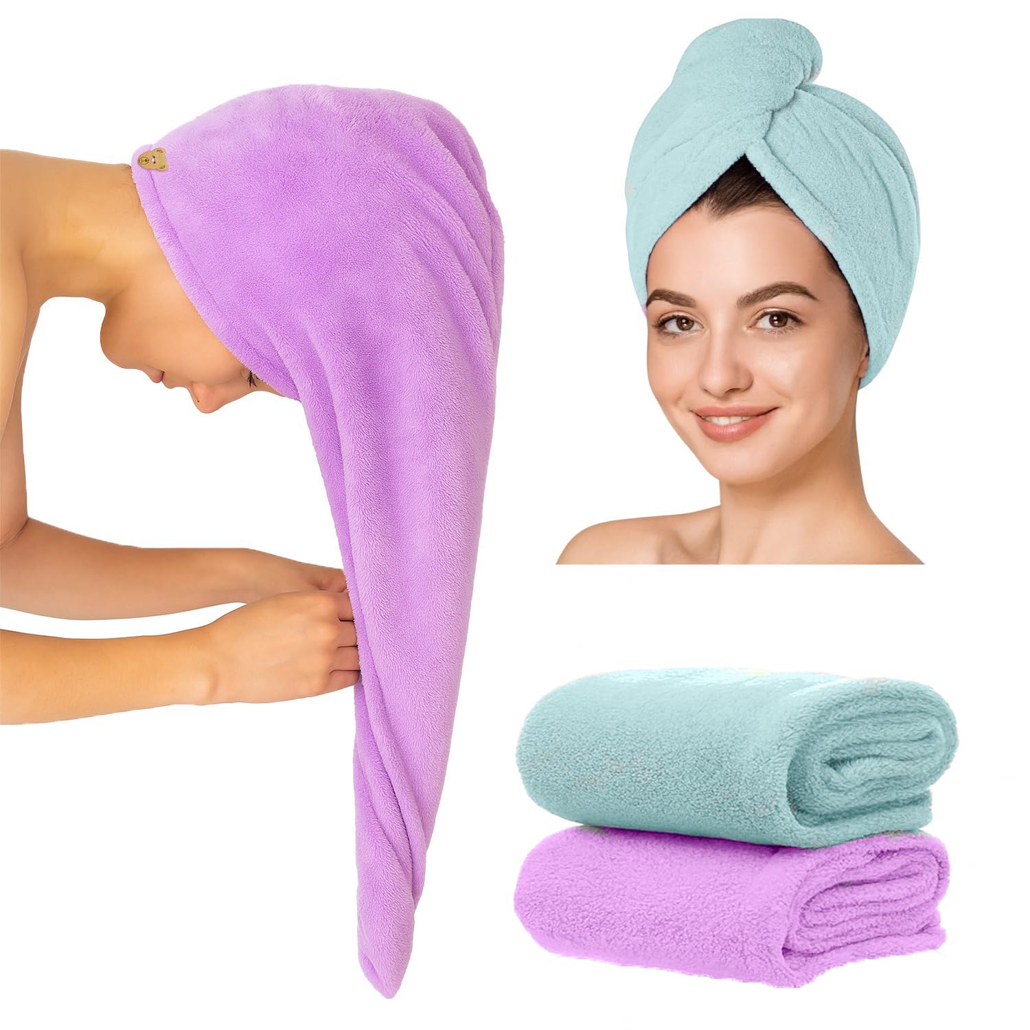 MAXOSHINE Hair Towel Wrap for Women-Quick Drying Microfiber Towel for Hair with Elastic Loop for Tying-Super Absorbent Head Towels Wrap for Ladies Hair Turban (Pack of 2-Purple & Green)