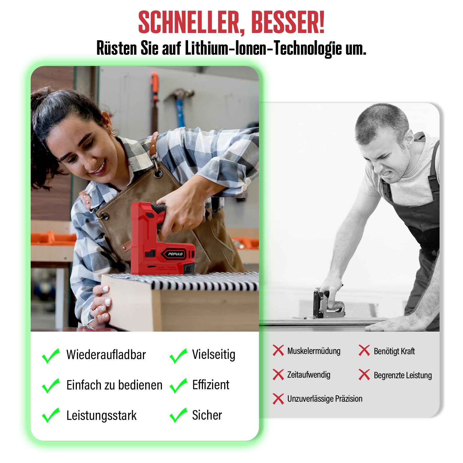 POPULO Akku Tacker, 2-in-1 Lithium-Ionen-Heftgerät, 4V Nagelgerät Set Mit Ladekabel, 1600 Heftklammern & Nägel, Power-Tacker für Bastelarbeiten, DIY und Polsterarbeiten