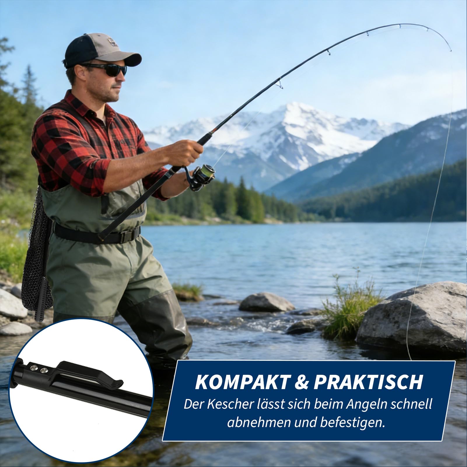 Fishing Kescher Angeln, Teleskop Gummierter Angelkescher - Stabil, Faltbar und Fischfreundlich, Unterfangkescher Angel Kescher Teich Karpfenkescher für Teich Pool Angeln