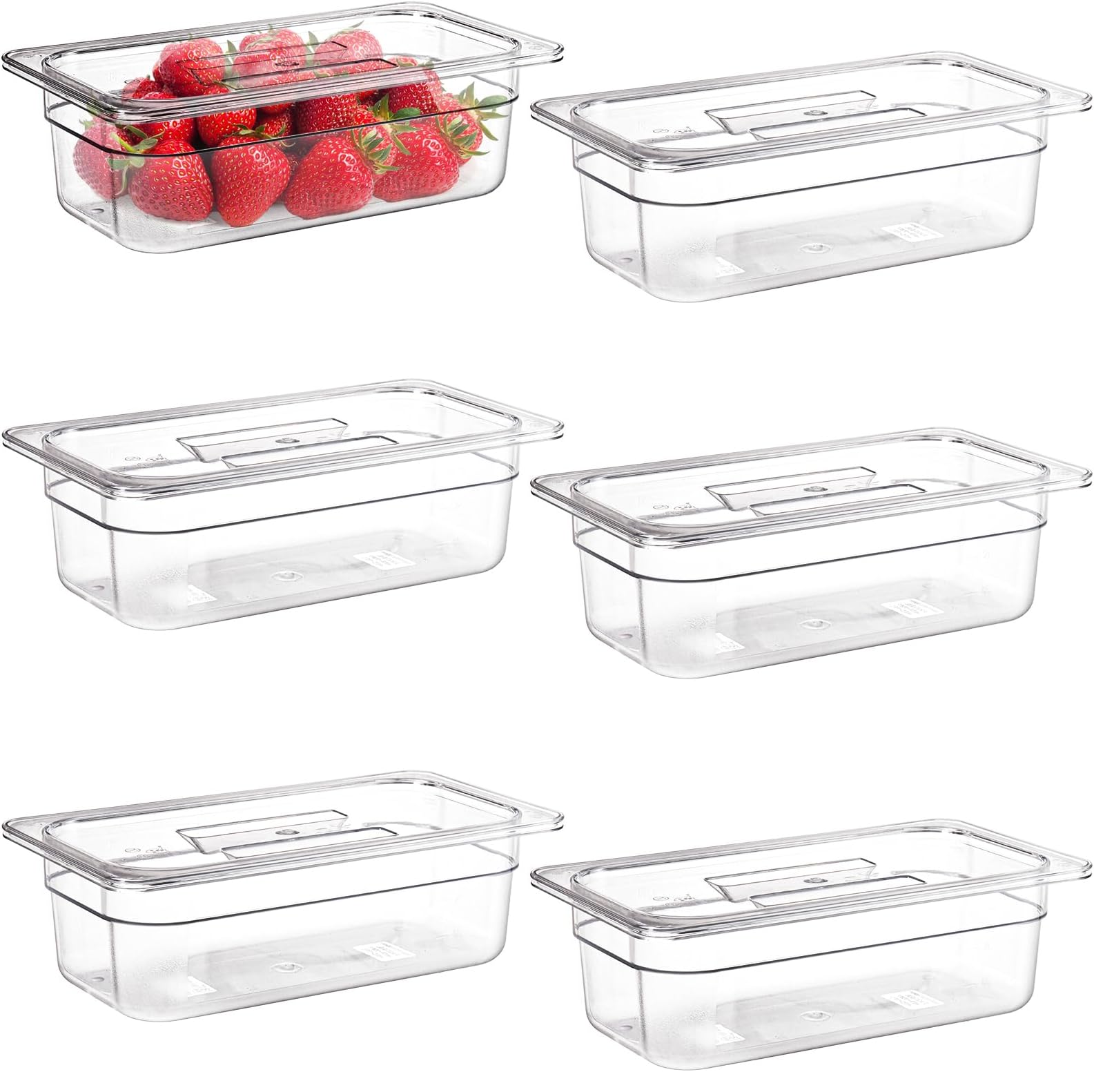 Bekith6 Pack Plastic Clear Food Pans with Lids, 1/3 Size 4 Inch Deep Stackable Commercial Polycarbonate Pans for Kitchen Restaurant Food Prep, Freezer-Safe