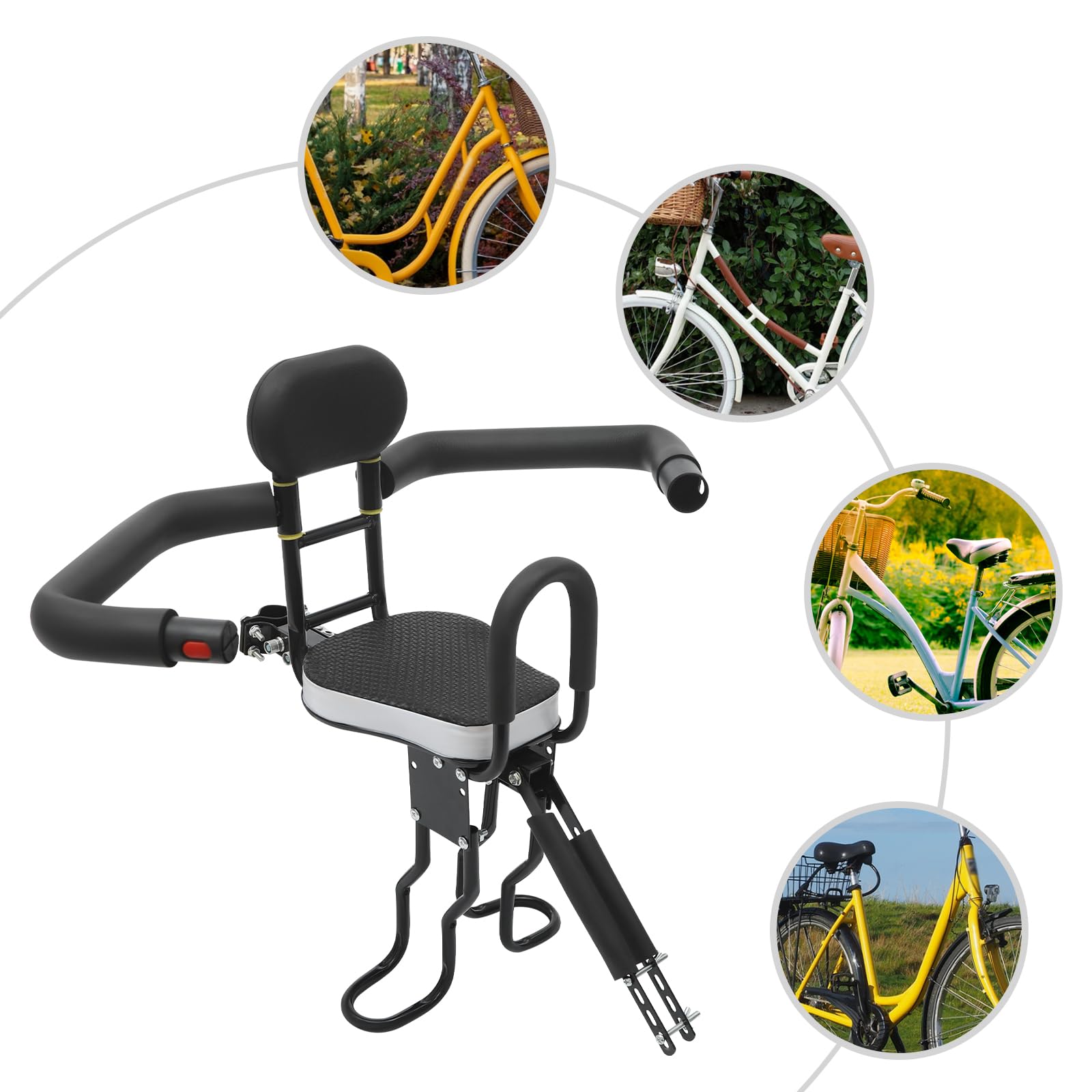 Seggiolino anteriore per bicicletta, sedile per bicicletta con braccioli e poggiapiedi, supporto di sicurezza per bicicletta con doppio fissaggio, sponda di protezione rimovibile, poggiapiedi