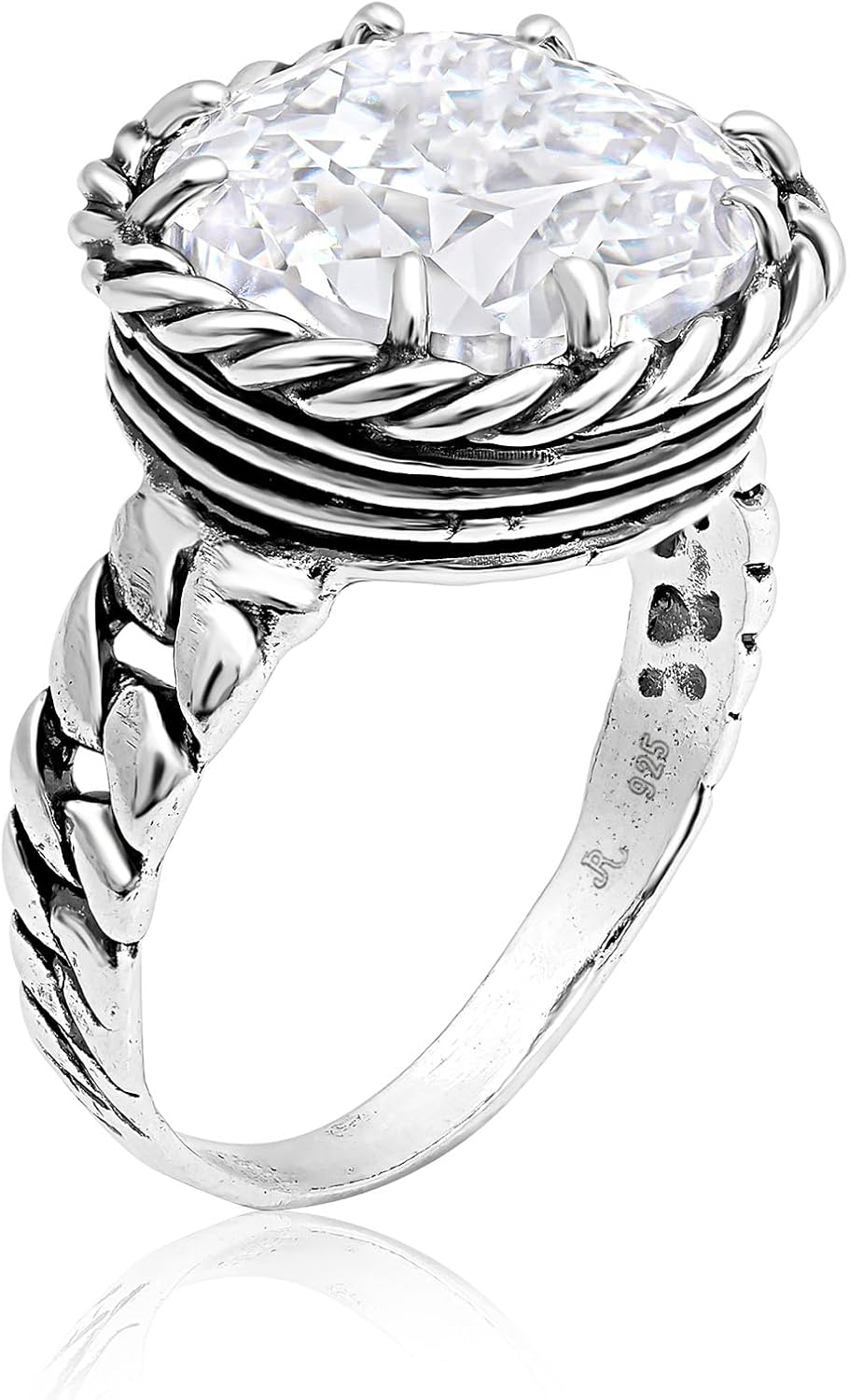 JEAN RACHEL JEWELRY 925 Sterling Silver Ring - Braid Chain with Square Cushion Cut Cubic Zirconia Vintage Design - Hypoallergenic, Lead & Nickel Free - Artisan Handcrafted Statement Rings for Women