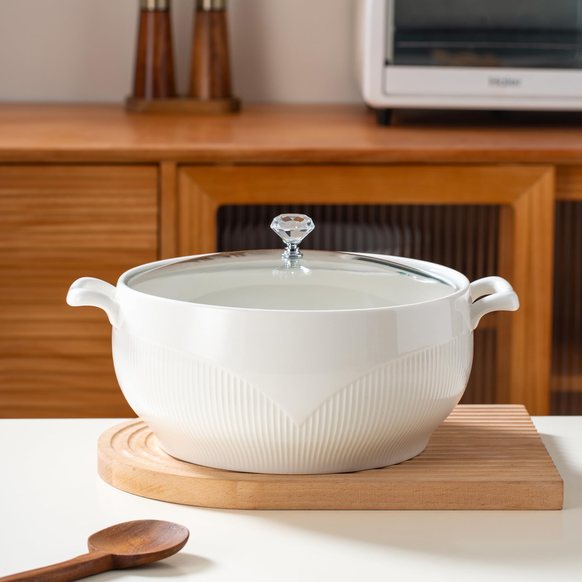 ceramiczna miska do zupy z pokrywką, pojemność 3,5 L, porcelanowa miska do zupy z dwoma uchwytami, odporna na kuchenkę mikrofalową, zmywarkę i piekarnik, kolor biały