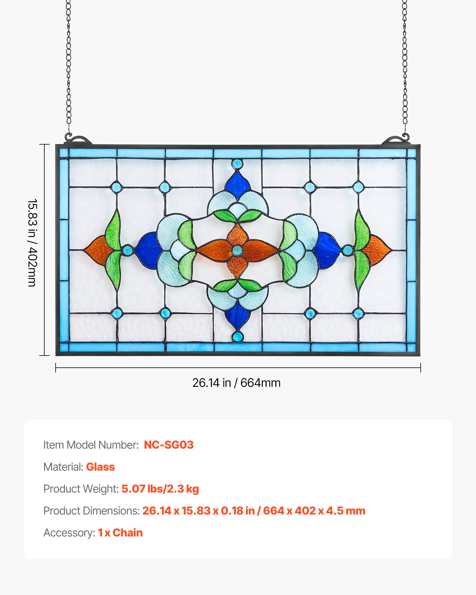 VEVOR Buntglasfensterpaneel (664 x 402 mm) hängendes Buntglas mit Kette, Buntglas im Tiffany-Stil zum Aufhängen, traditionelles rechteckiges Vintage-Kunsthandwerk Fensterdekor für Küche & Kirchen