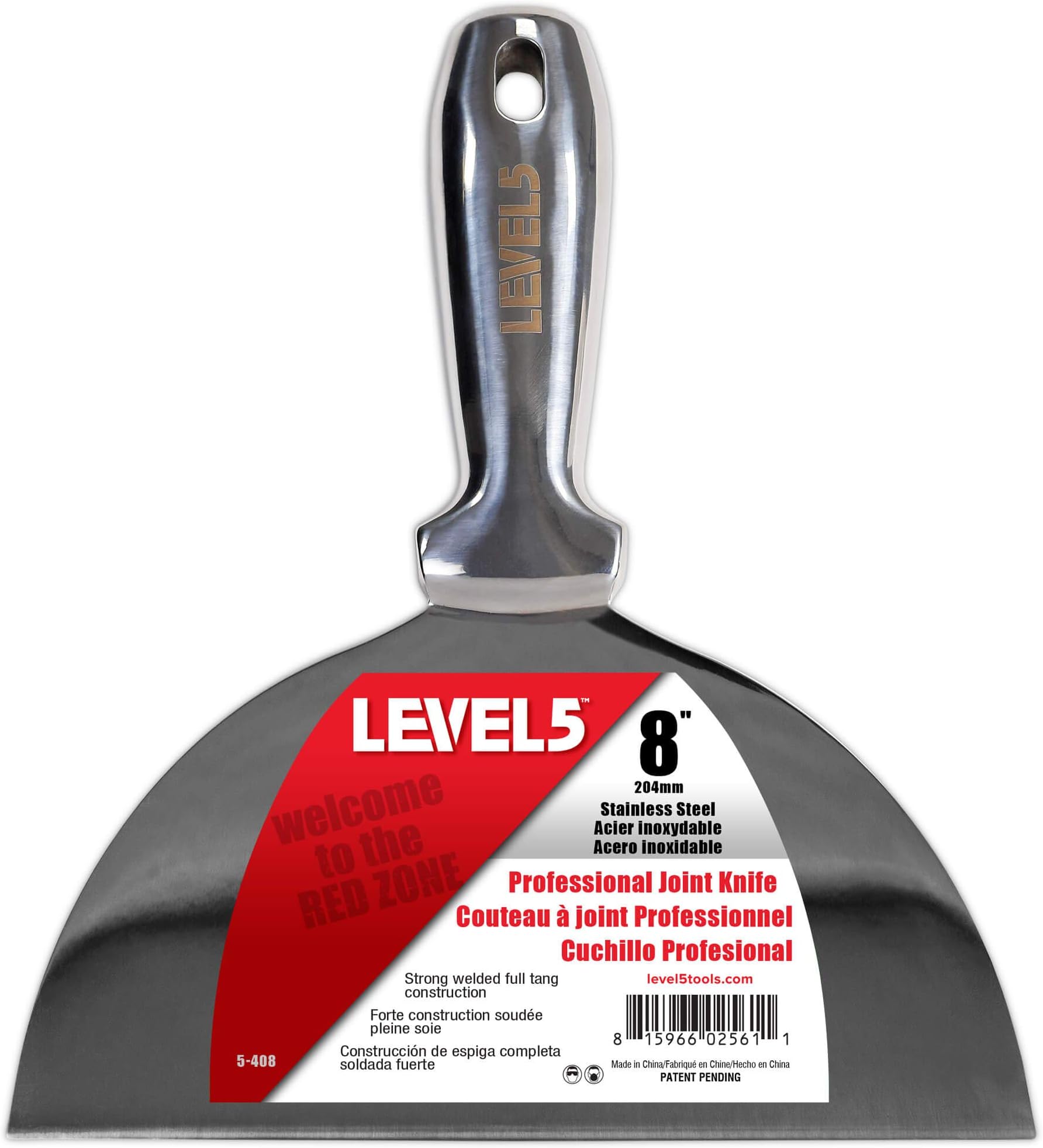 Level5 8" All Stainless Steel Joint Knife - | Professional Grade Putty Blade, Premium Polished All-Metal, Precision Ground Edge, Ergonomic, Corrosion Resistant | 5-408