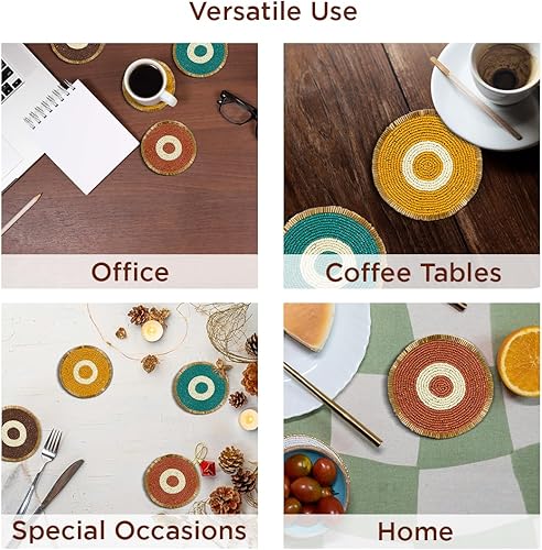 Miniatura 6 de Folkulture Posavasos con cuentas para bebidas  Juego de 4 posavasos redondos decorativos (4 pulgadas) para decoración de mesa  Lindo juego de