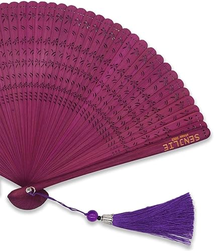 Miniatura 4 de SENJLIE - Abanico plegable de bambú hecho a mano de 7 pulgadas (7.1in) para mujer, ventilador de mano plegable de madera chinajaponesa con bolsa de