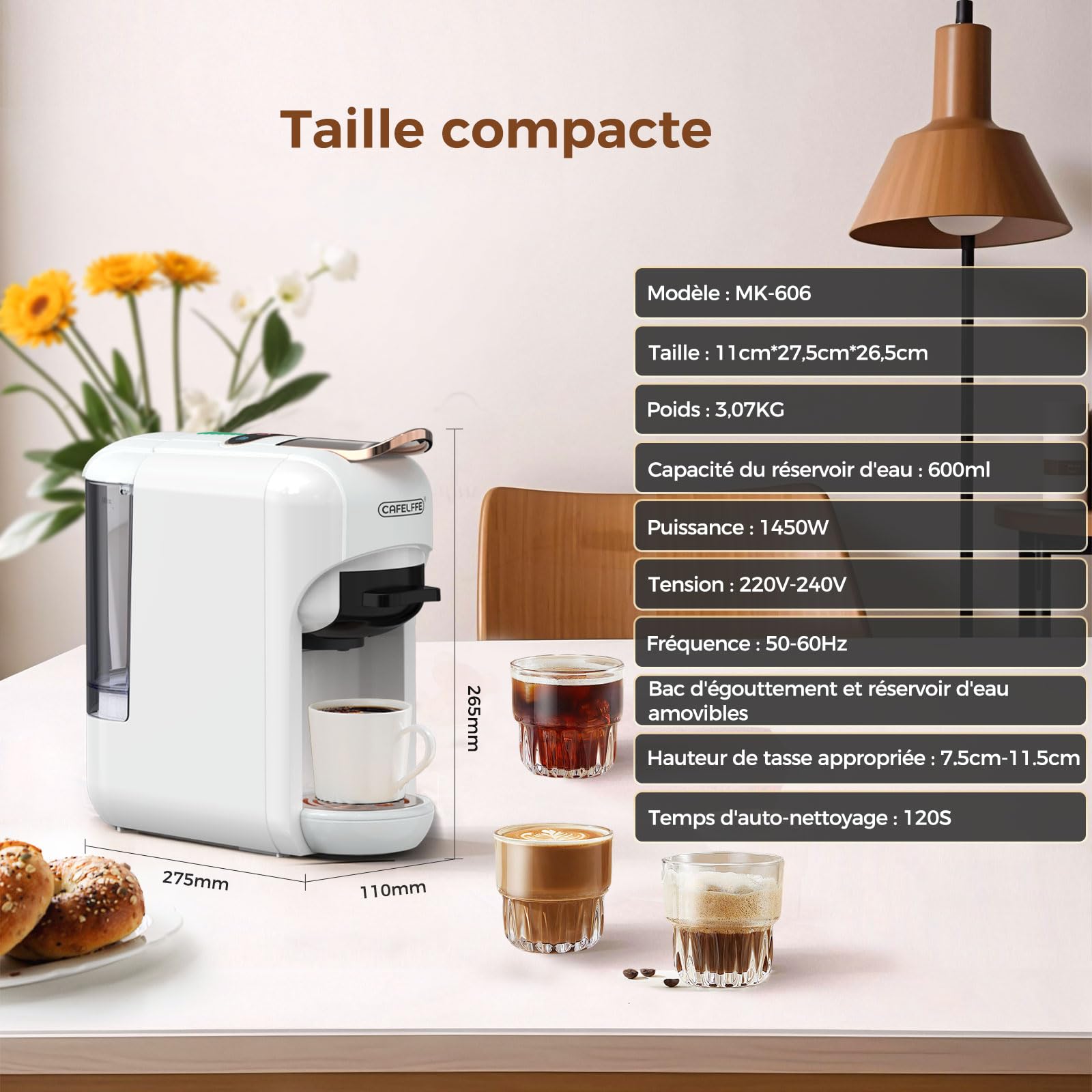 Cafelffe MK-606 Machine à café à capsules à service unique 5-en-1, Machine à expresso chaud/froid 19 bars, Compatible avec K-Cup/Nes Original/DG/44 mm ESE et mouture, 7 tailles d’infusion, 1450W,Blanc