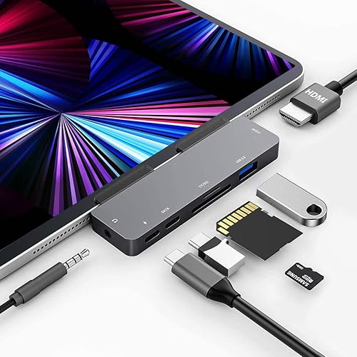 Adaptador de concentrador USB C para iPad Pro 2024 M4 M2 M1, concentrador 7 en 1 con HDMI 4K60Hz, conector de 0.138 in, USB 3.0, PD 60W, ranura para
