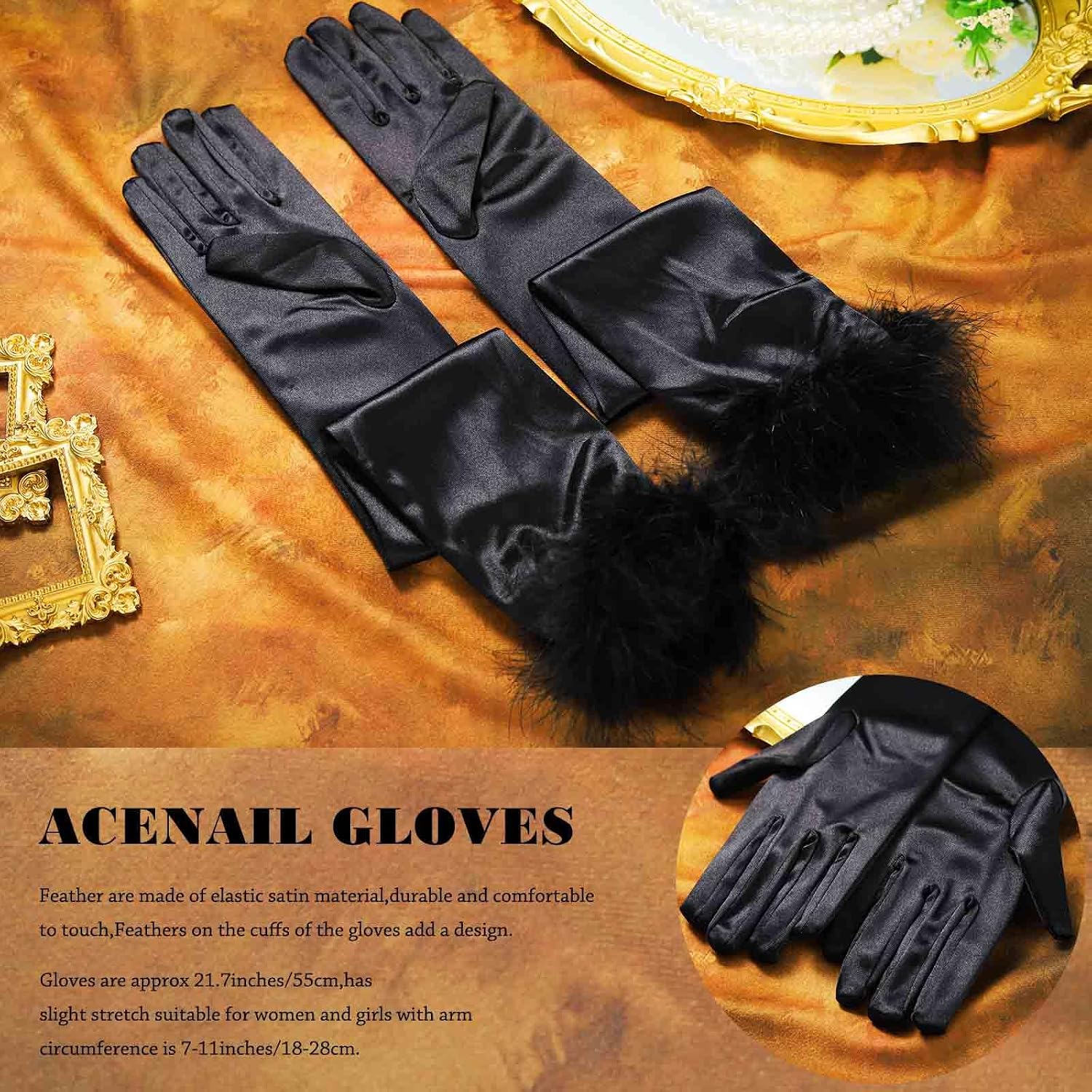 Acenail Black Feather Satin Opera Evening Wedding Women's Gloves - Elbow Length, Perfect for 1920s Costume or Halloween