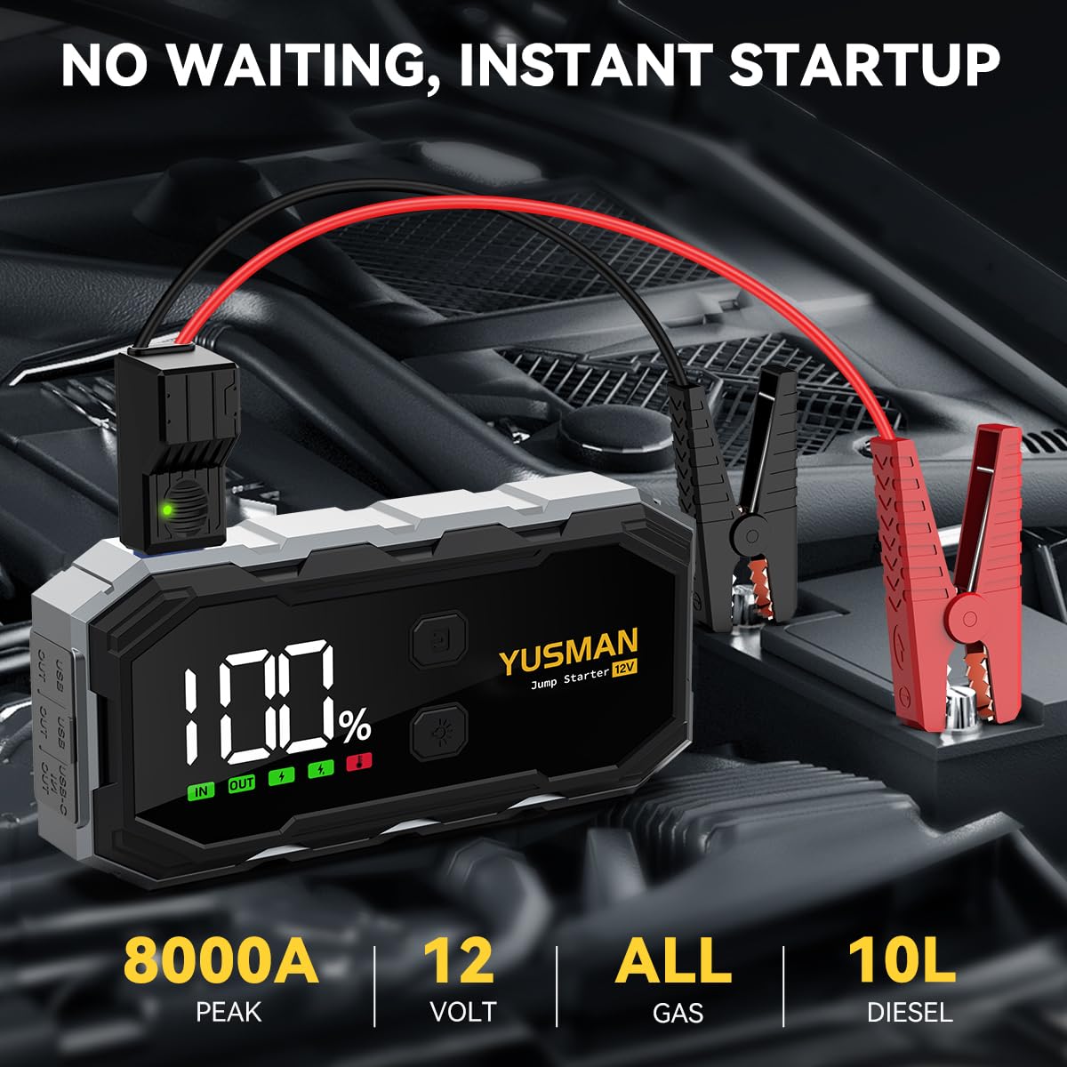 YUSMAN Car Jump Starter, 8000A 12V Jump Battery Pack (All Gas/10.0L Diesel), Portable Jump Starter with Display, Car Jump Starter with Extended Smart Cables, Quick Charge 3.0, LED Light