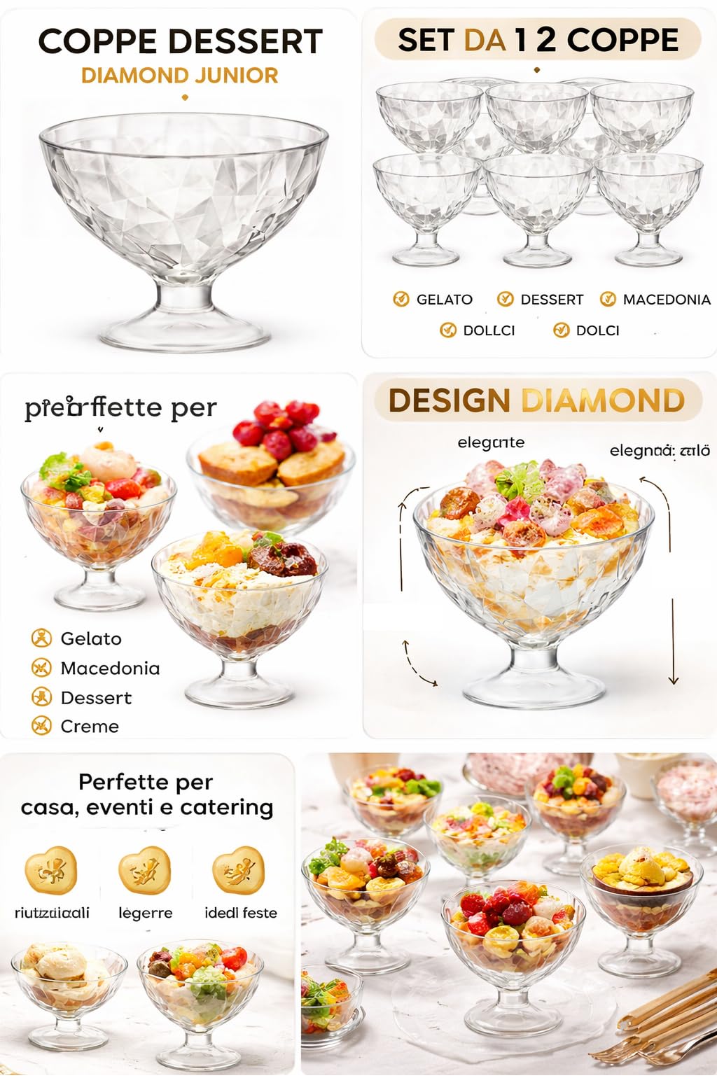 12 Coppa coppette con piede in vetro gelato dessert macedonia in vetro 22,5 Cl D.10,2 cm H8,6 cm