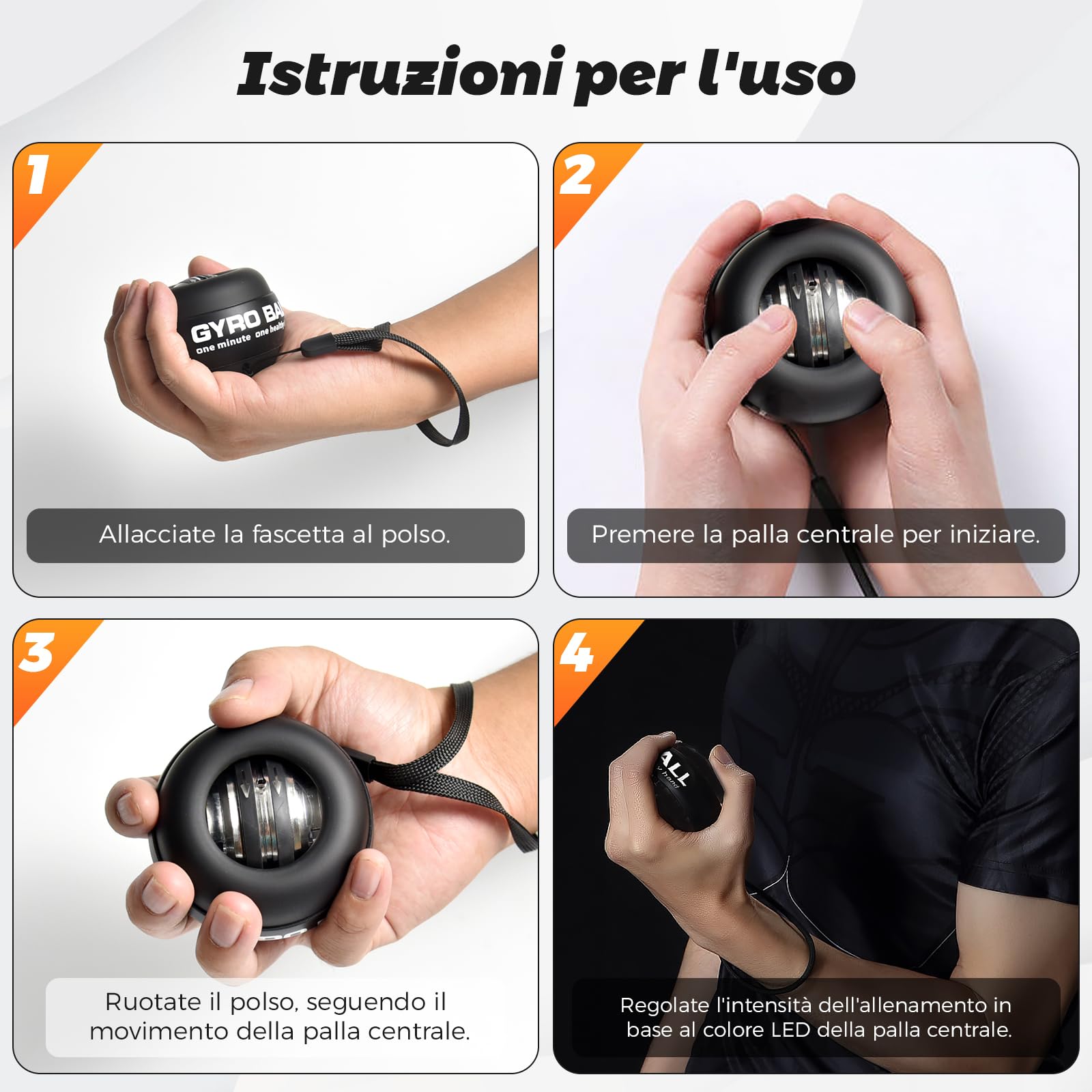 Gyroball con rivestimento nero lucido, palla da allenamento per il polso, avvio automatico, controllo della resistenza e della luce a 5 livelli, trainer giroscopico per l'avambraccio, per