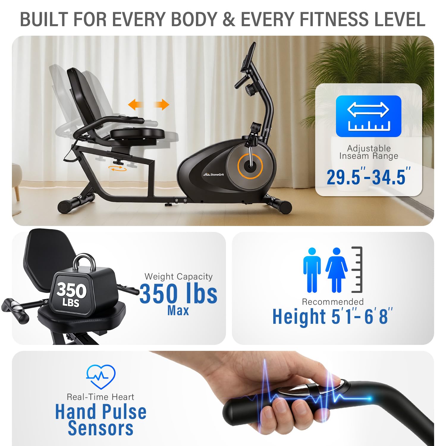 Cyclette reclinata per casa con connettività app, cyclette silenziosa a resistenza magnetica con monitor LCD, maniglia per la frequenza cardiaca, sedile e schienale regolabili, pedali con
