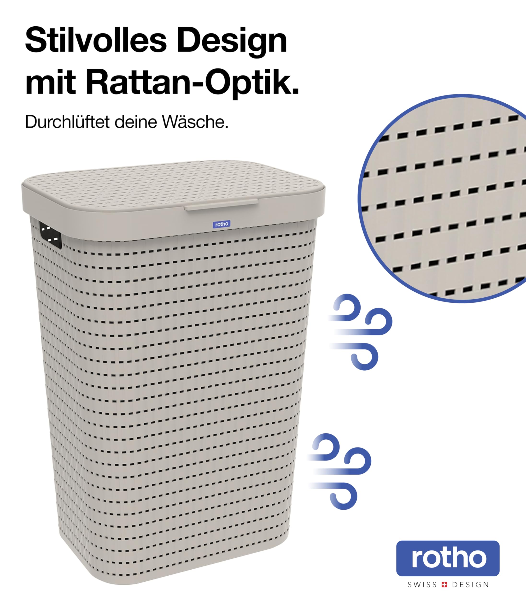 Rotho Country 2er-Set Wäschesammler Kunststoff mit Deckel 55l | Wäschekorb schmall in Rattan-Optik | Deckel öffnet komplett | angenehm zu tragen | einfach zu reinigen & hygienisch | anthrazit