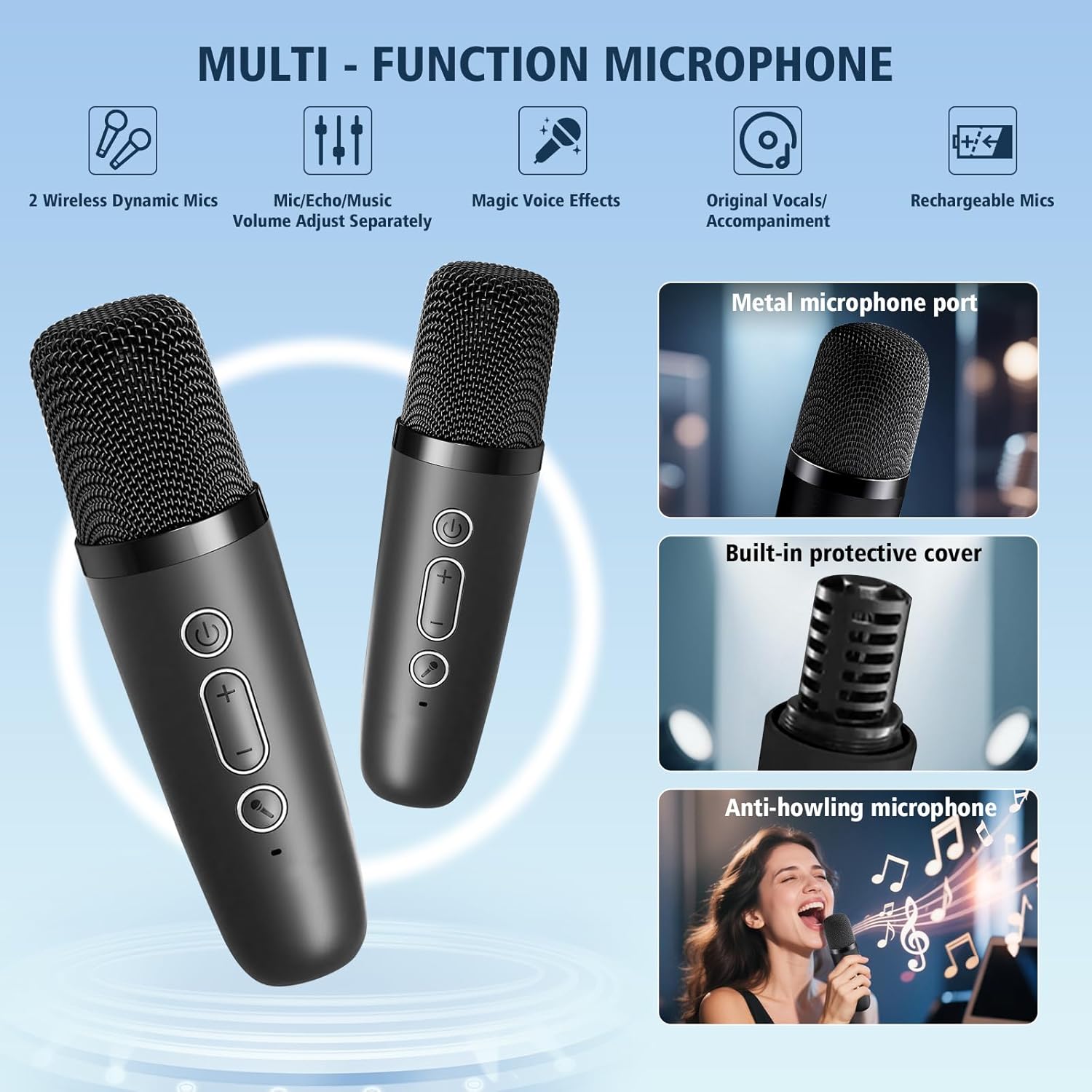 Karaoke Machine for Kids Adults, Portable Bluetooth Speaker with 2 Wireless Microphones, Portable Speaker Mini Karaoke Microphone for Home Party Birthday Gift for Girls Boys - Image 5