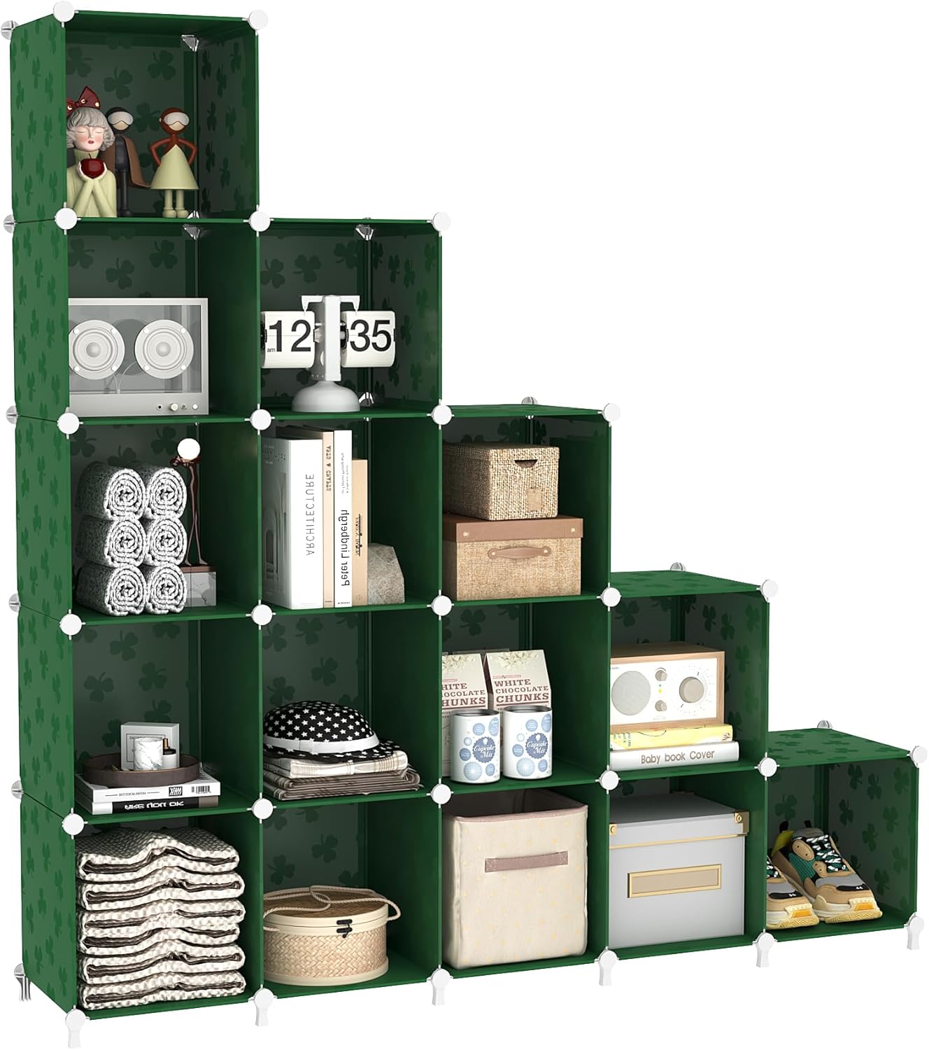 UNKU Cube Storage Organizer, 16 Cube Closet Organizer Storage Shelves, DIY Stackable Bookcase, Clothes Organizer Shelf for Closet, Bedroom, Living Room, Cabinet, Home, Office, Green