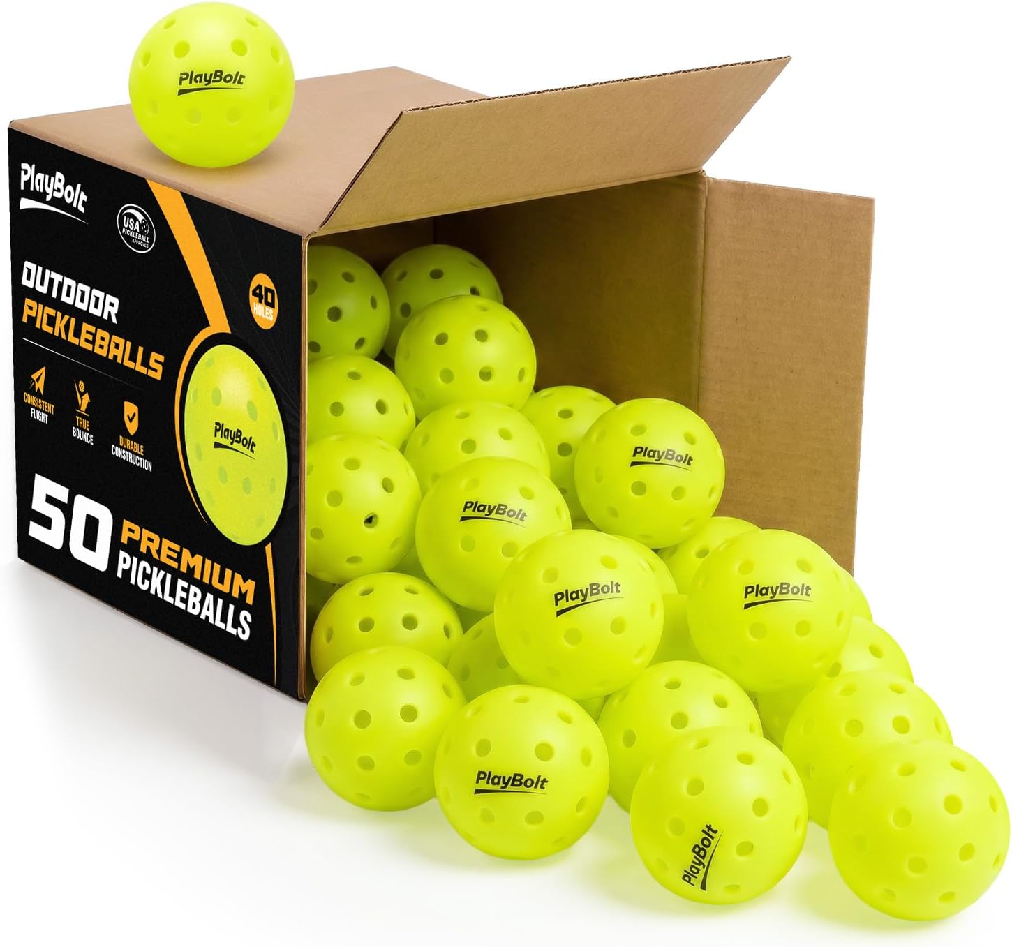 PlayBolt Outdoor Pickleball Balls, Premium Pickle Ball Set, USAPA Approved | Crack Resistant, 40 Holes, Consistent Bounce, True Flight, Official Specs: 26g 74mm, High Visibility Outdoor Pickleballs
