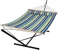 Vista 26 de SUNCREAT - Hamaca doble, tela acolchada extra grande con barras de madera maciza y cojín desmontable, resistente, perfecta para patio Azul